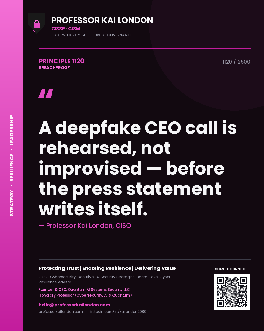 Quote card by Professor Kai London reading 'A deepfake CEO call is rehearsed, not improvised — before the press statement writes itself.'. From the book Breachproof.