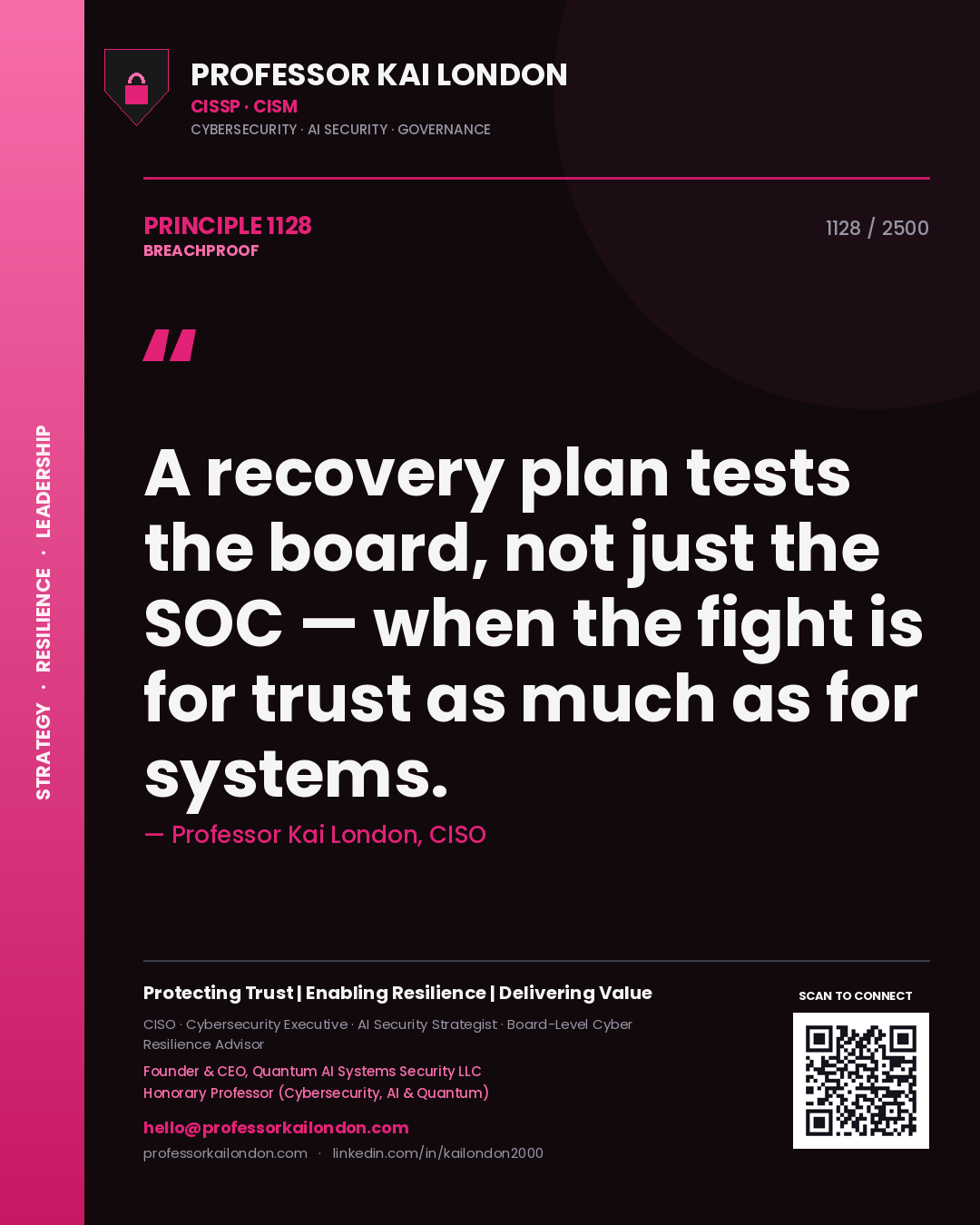 Professor Kai London principle 1128: A recovery plan tests the board, not just the SOC — when the fight is for trust as much as for systems.