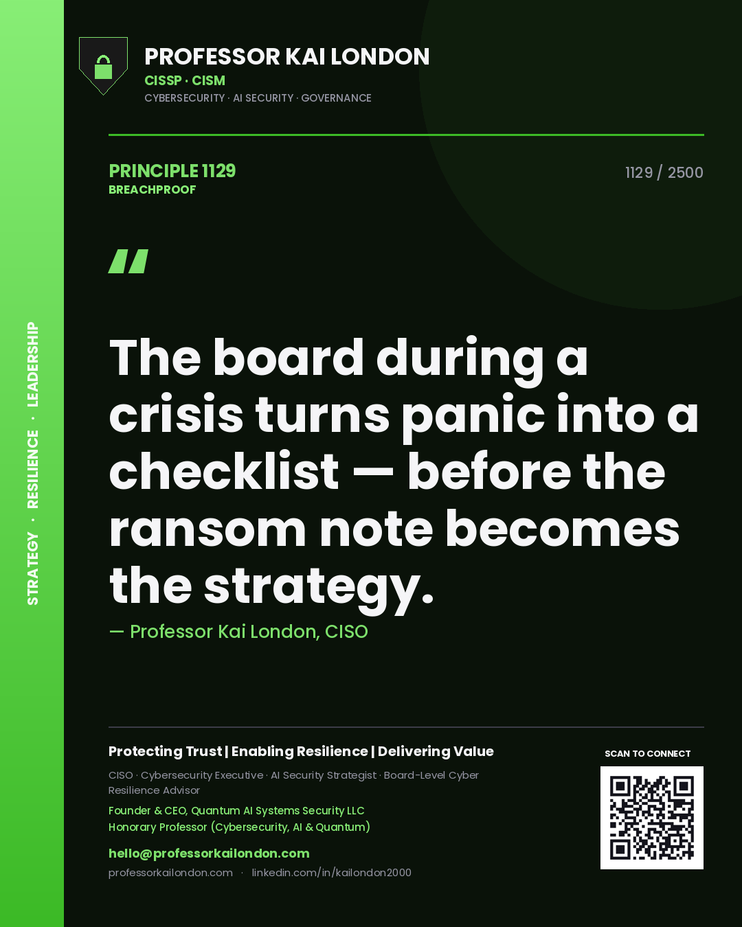Professor Kai London principle 1129: The board during a crisis turns panic into a checklist — before the ransom note becomes the strategy.