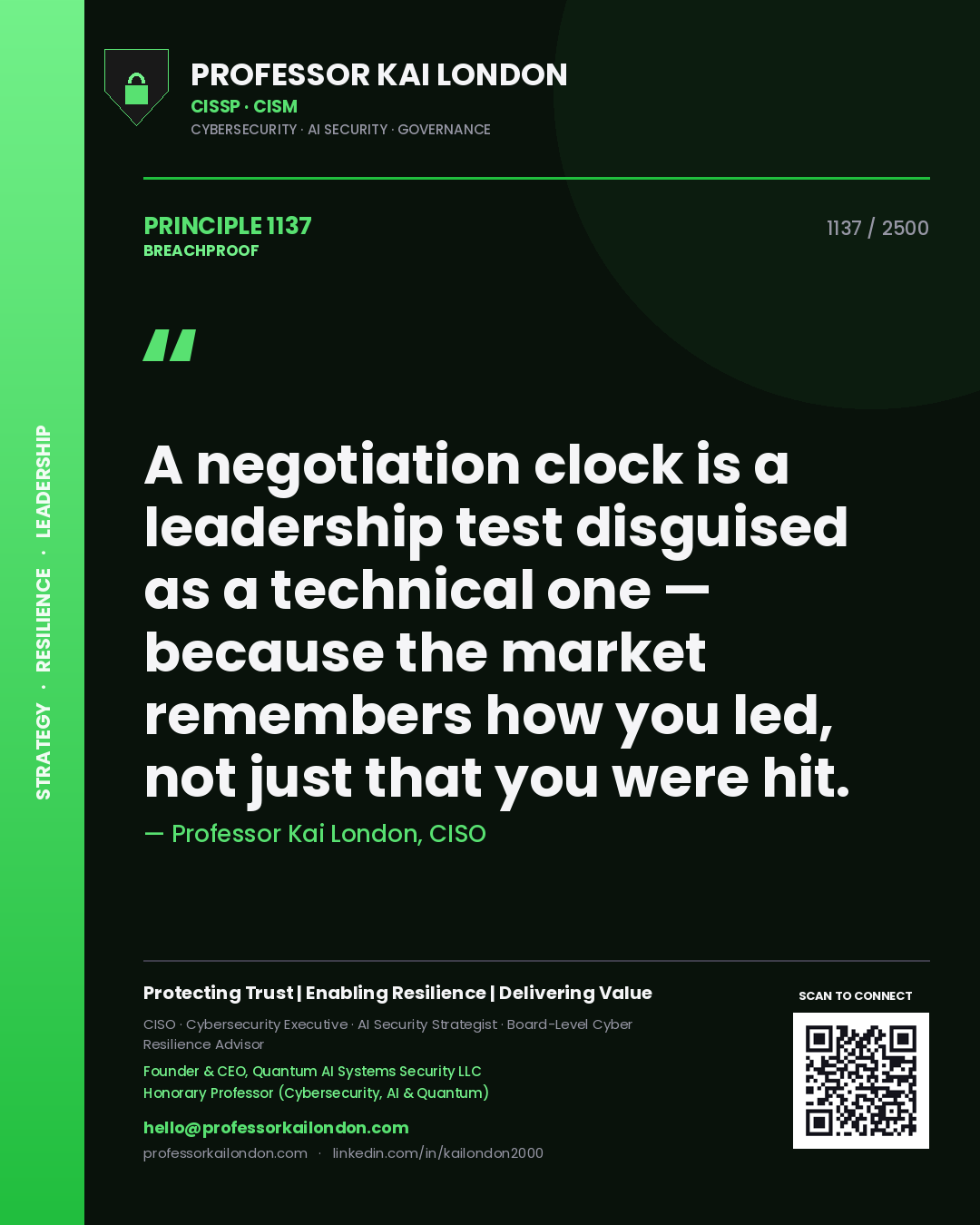 Professor Kai London principle 1137: A negotiation clock is a leadership test disguised as a technical one — because the market remembers how you led, not just that you were hit.