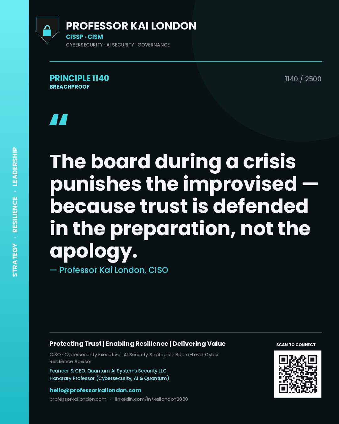 Quote card by Professor Kai London reading 'The board during a crisis punishes the improvised — because trust is defended in the preparation, not the apology.'. From the book Breachproof.