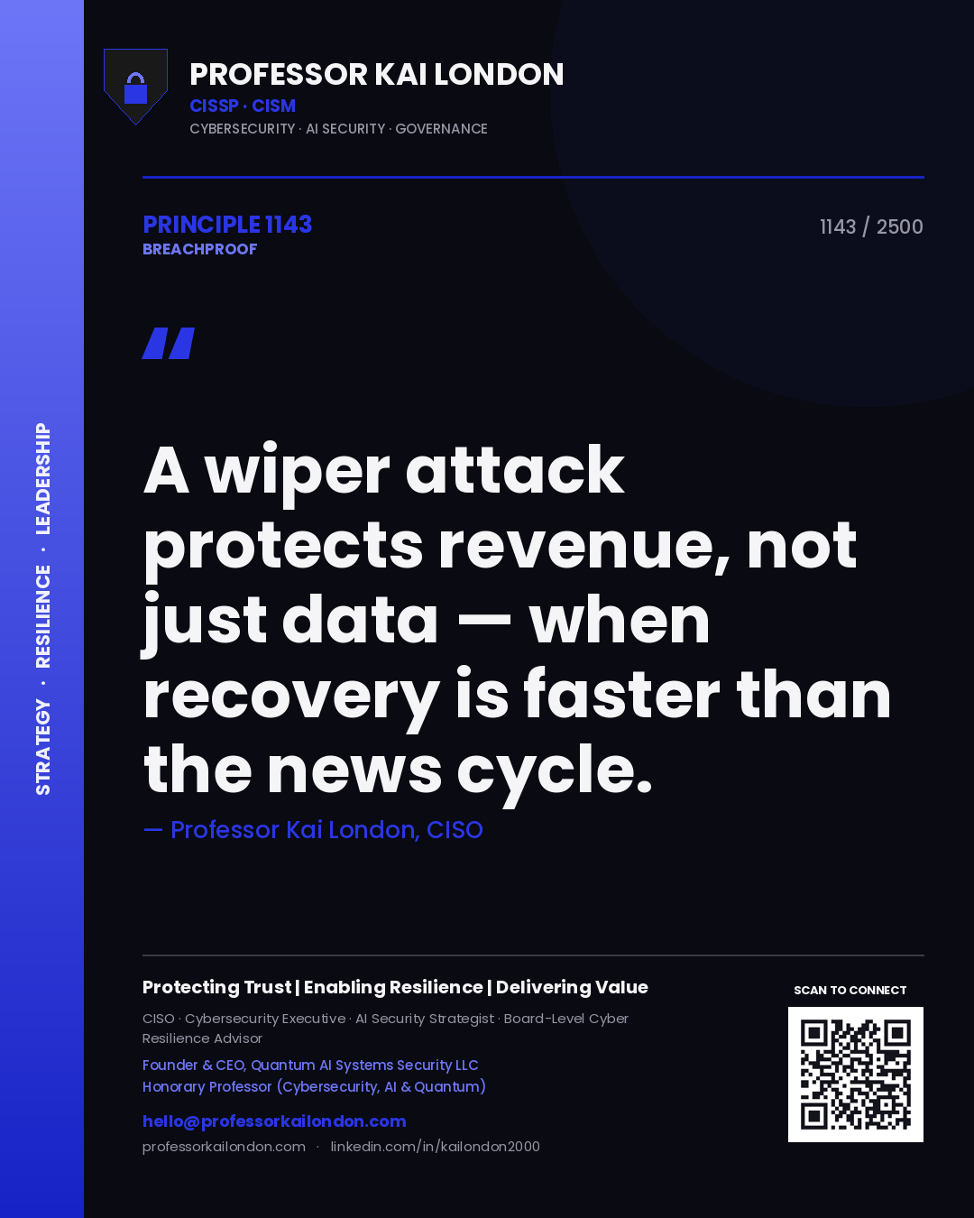 Quote card by Professor Kai London reading 'A wiper attack protects revenue, not just data — when recovery is faster than the news cycle.'. From the book Breachproof.