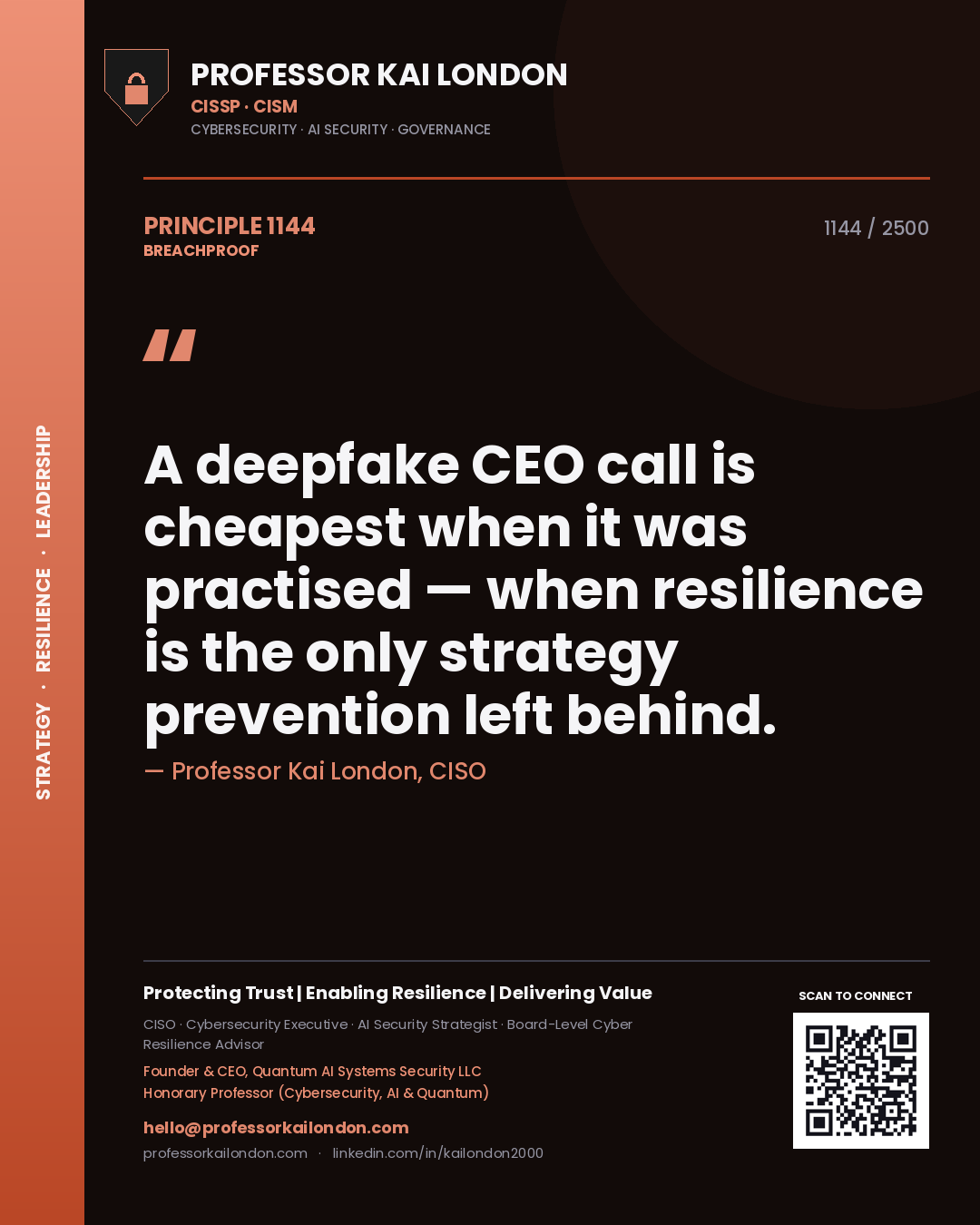 Quote card by Professor Kai London reading 'A deepfake CEO call is cheapest when it was practised — when resilience is the only strategy prevention left behind.'. From the book Breachproof.