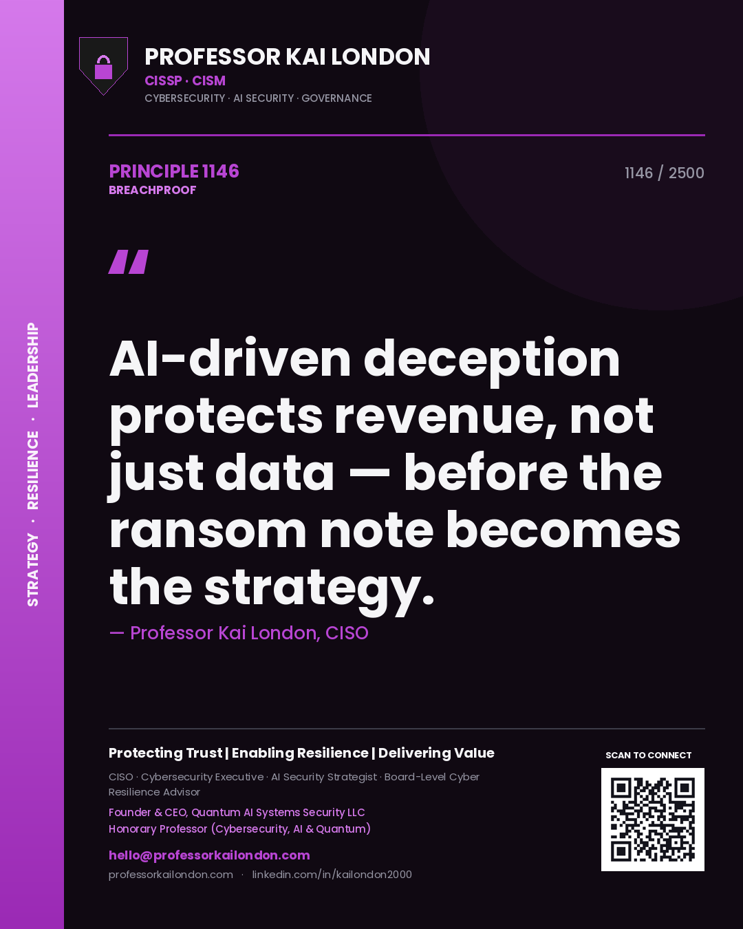 Quote card by Professor Kai London reading 'AI-driven deception protects revenue, not just data — before the ransom note becomes the strategy.'. From the book Breachproof.