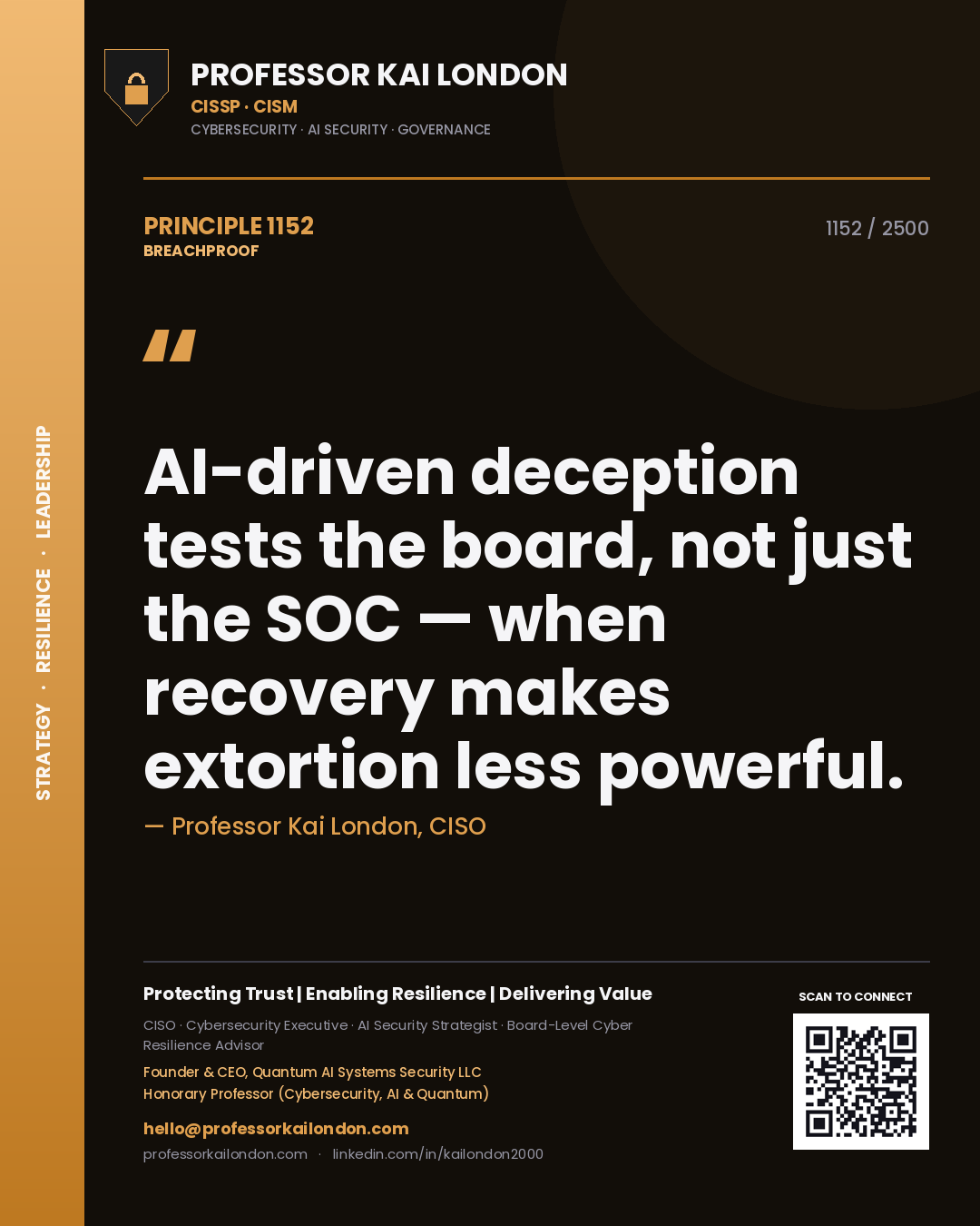 Professor Kai London principle 1152: AI-driven deception tests the board, not just the SOC — when recovery makes extortion less powerful.