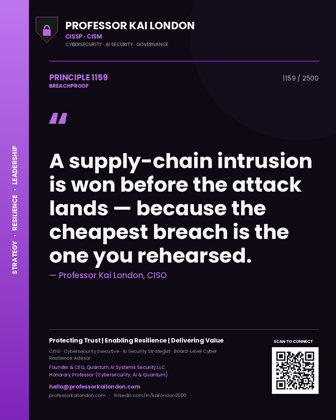 Professor Kai London principle 1159: A supply-chain intrusion is won before the attack lands — because the cheapest breach is the one you rehearsed.