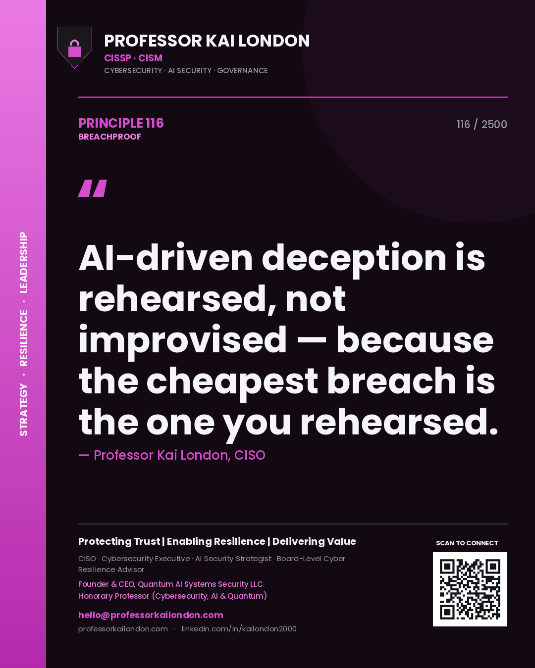 Quote card by Professor Kai London reading 'AI-driven deception is rehearsed, not improvised — because the cheapest breach is the one you rehearsed.'. From the book Breachproof.