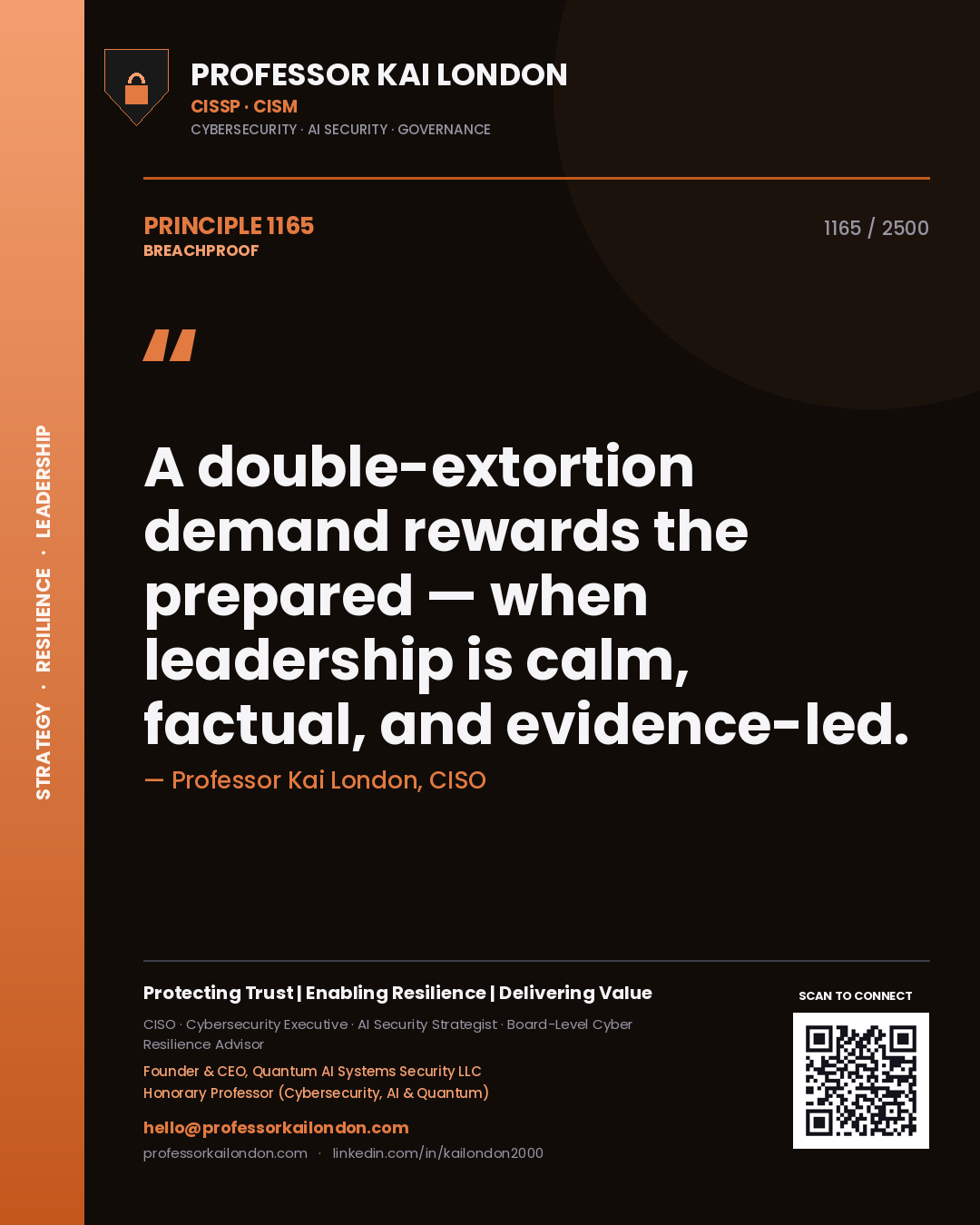 Quote card by Professor Kai London reading 'A double-extortion demand rewards the prepared — when leadership is calm, factual, and evidence-led.'. From the book Breachproof.