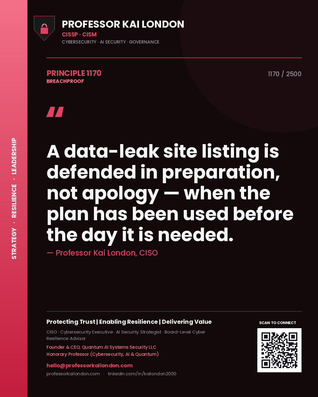 Quote card by Professor Kai London reading 'A data-leak site listing is defended in preparation, not apology — when the plan has been used before the day it is needed.'. From the book Breachproof.