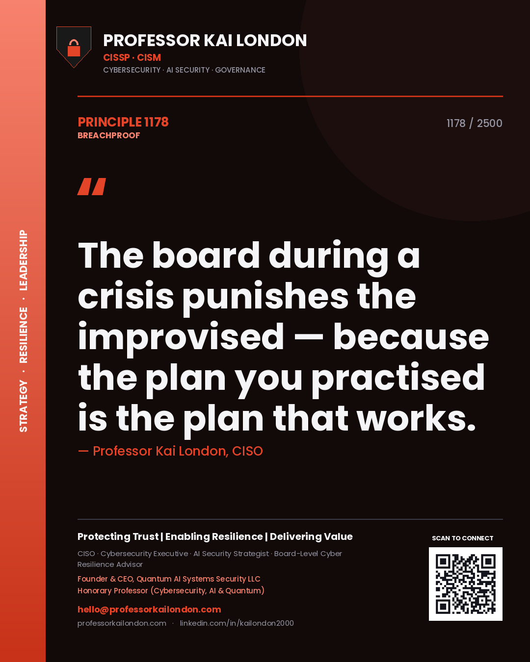 Quote card by Professor Kai London reading 'The board during a crisis punishes the improvised — because the plan you practised is the plan that works.'. From the book Breachproof.