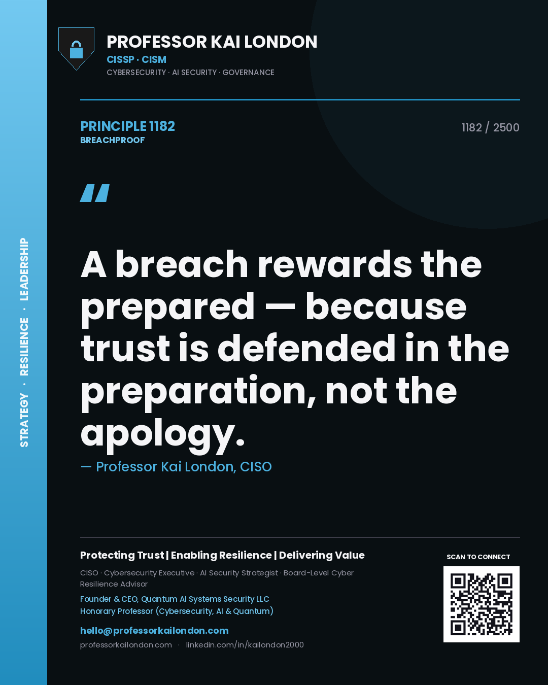 Quote card by Professor Kai London reading 'A breach rewards the prepared — because trust is defended in the preparation, not the apology.'. From the book Breachproof.