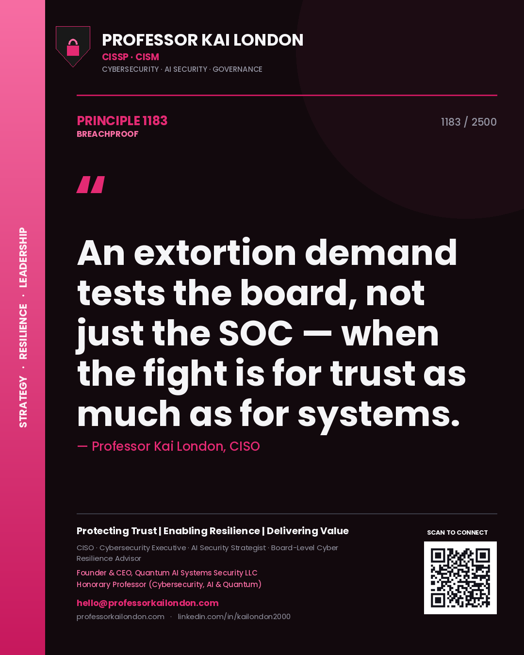 Quote card by Professor Kai London reading 'An extortion demand tests the board, not just the SOC — when the fight is for trust as much as for systems.'. From the book Breachproof.