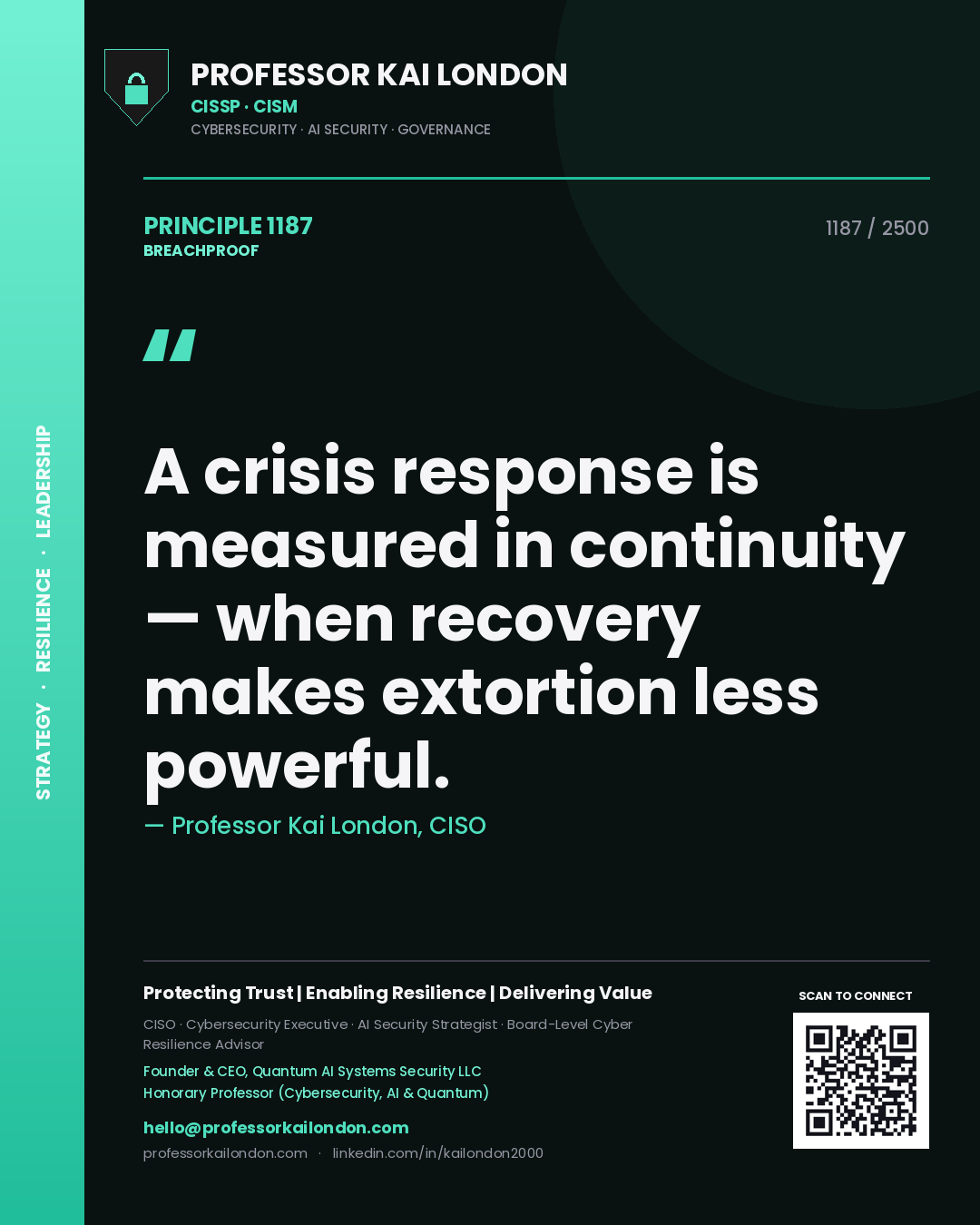 Professor Kai London principle 1187: A crisis response is measured in continuity — when recovery makes extortion less powerful.