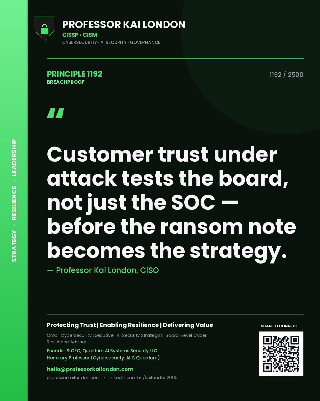Professor Kai London principle 1192: Customer trust under attack tests the board, not just the SOC — before the ransom note becomes the strategy.