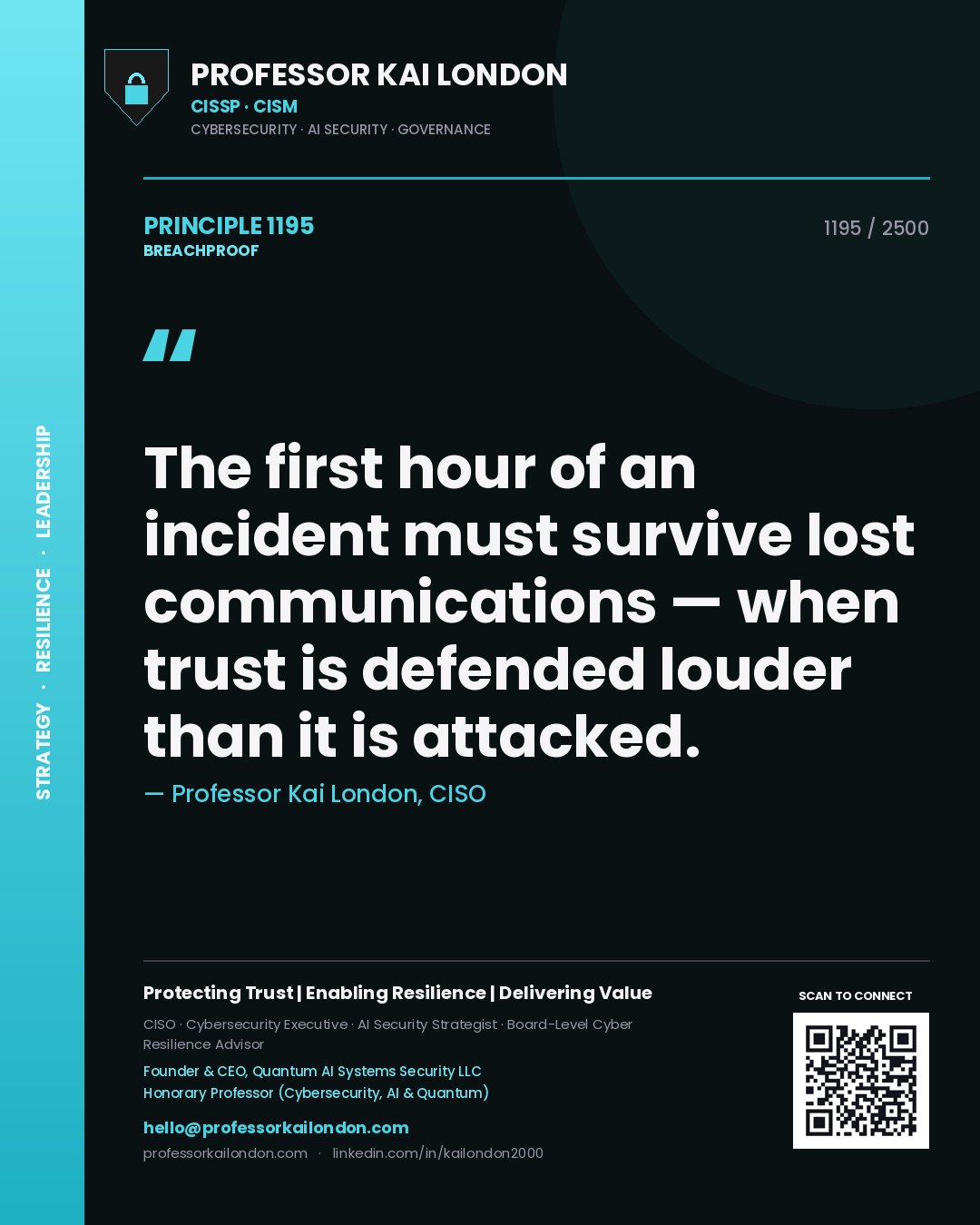 Quote card by Professor Kai London reading 'The first hour of an incident must survive lost communications — when trust is defended louder than it is attacked.'. From the book Breachproof.
