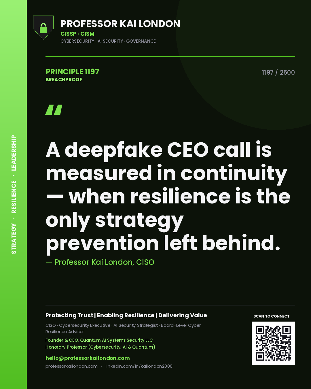 Quote card by Professor Kai London reading 'A deepfake CEO call is measured in continuity — when resilience is the only strategy prevention left behind.'. From the book Breachproof.