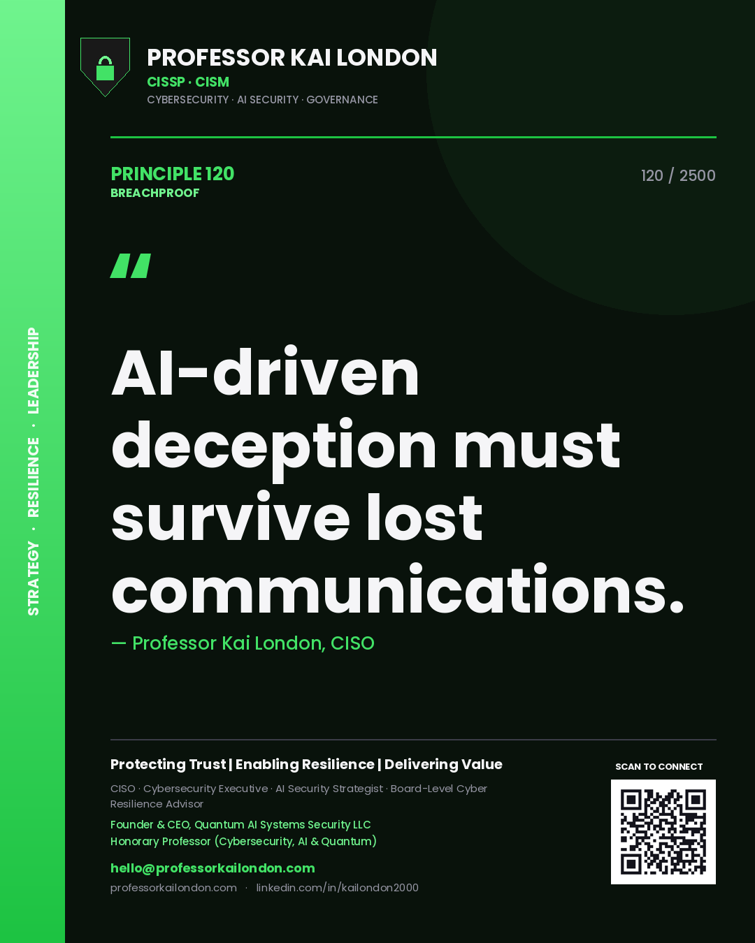 Quote card by Professor Kai London reading 'AI-driven deception must survive lost communications.'. From the book Breachproof.