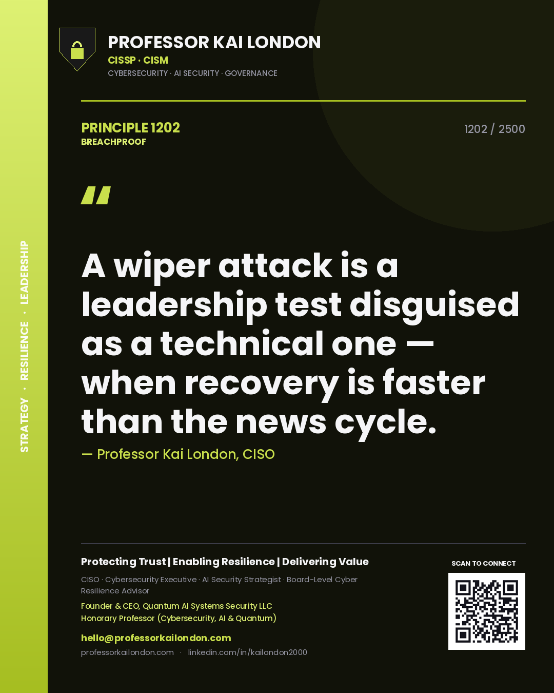 Quote card by Professor Kai London reading 'A wiper attack is a leadership test disguised as a technical one — when recovery is faster than the news cycle.'. From the book Breachproof.