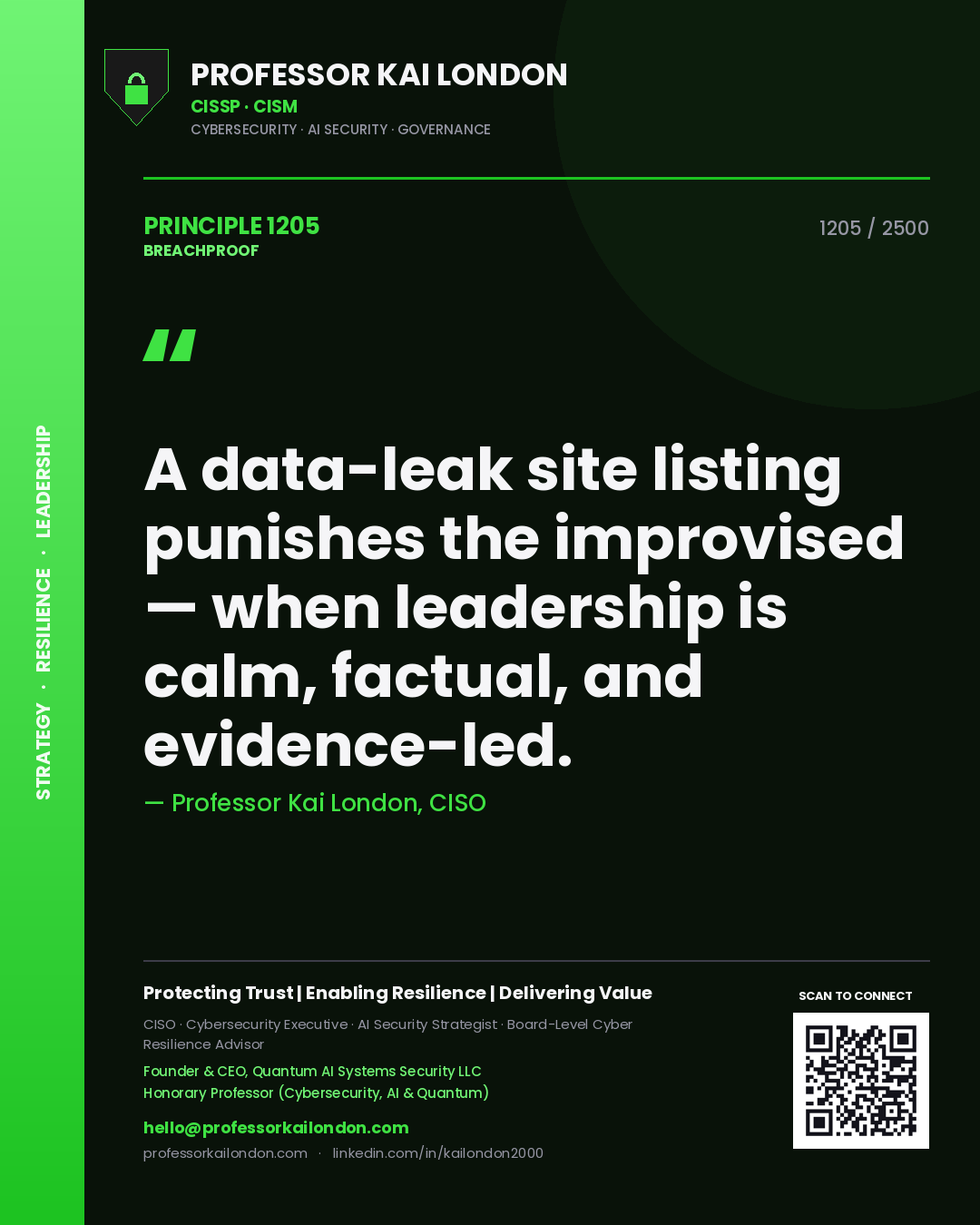 Quote card by Professor Kai London reading 'A data-leak site listing punishes the improvised — when leadership is calm, factual, and evidence-led.'. From the book Breachproof.
