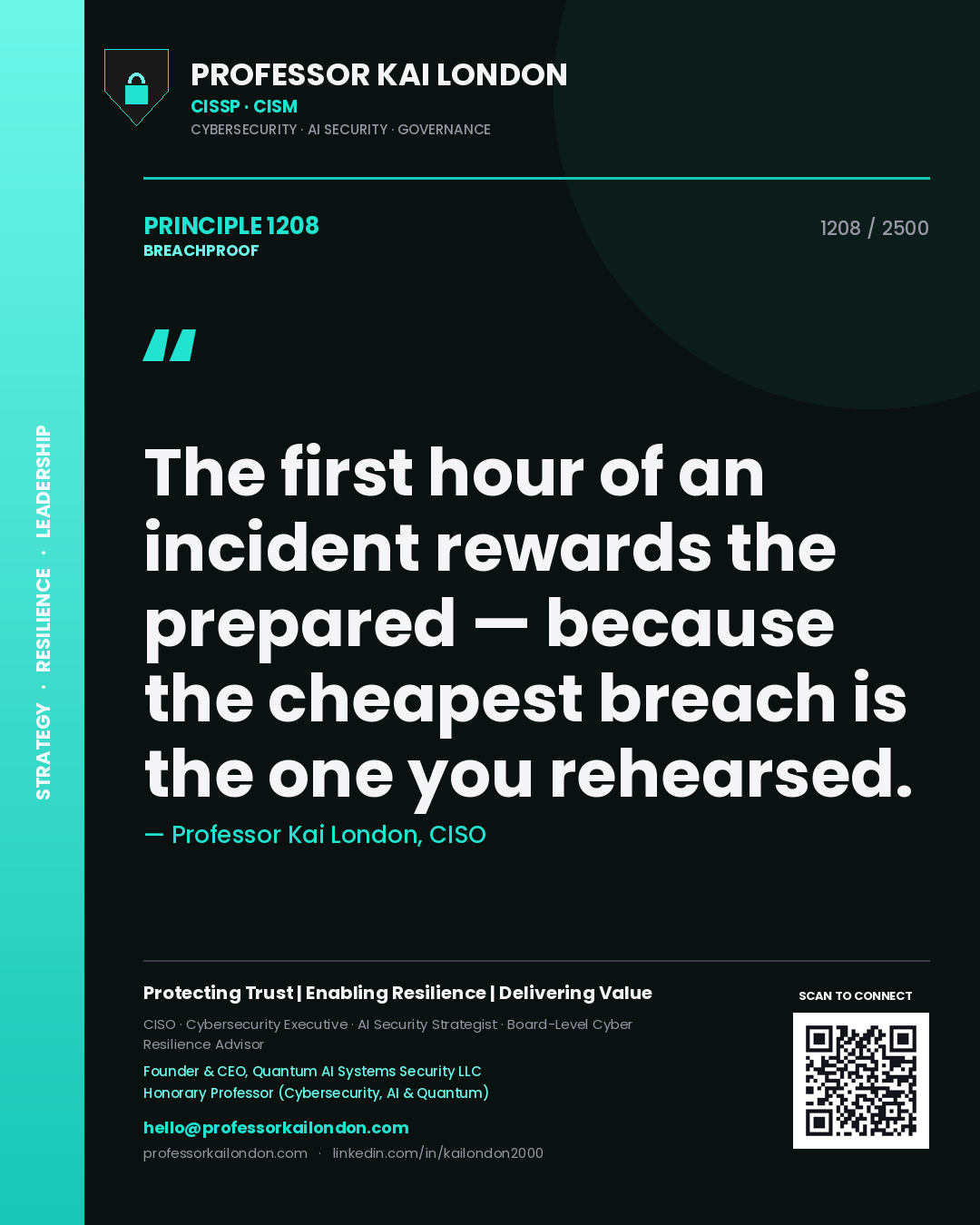 Quote card by Professor Kai London reading 'The first hour of an incident rewards the prepared — because the cheapest breach is the one you rehearsed.'. From the book Breachproof.