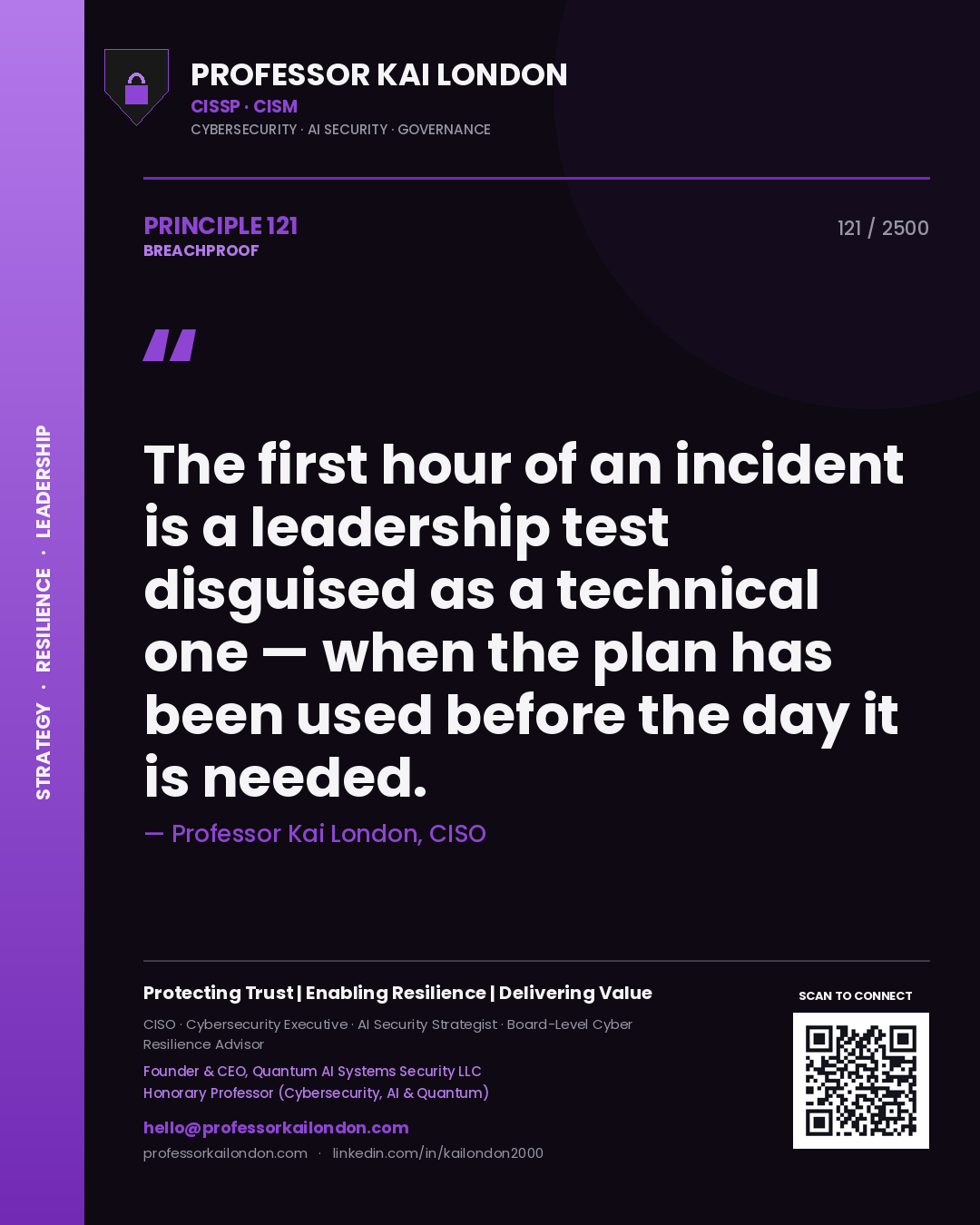 Quote card by Professor Kai London reading 'The first hour of an incident is a leadership test disguised as a technical one — when the plan has been used before the day it is needed.'. From the book Breachproof.