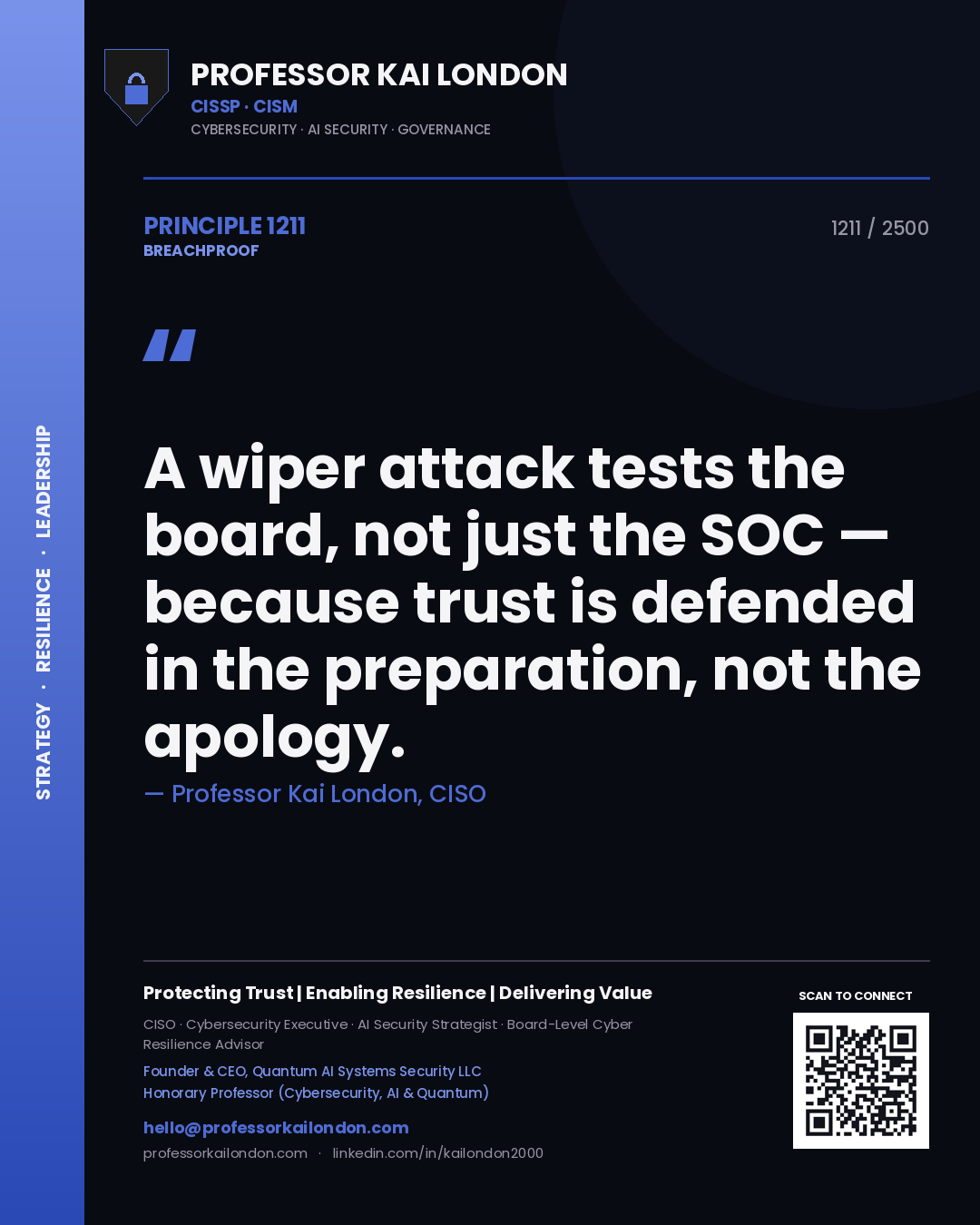 Quote card by Professor Kai London reading 'A wiper attack tests the board, not just the SOC — because trust is defended in the preparation, not the apology.'. From the book Breachproof.