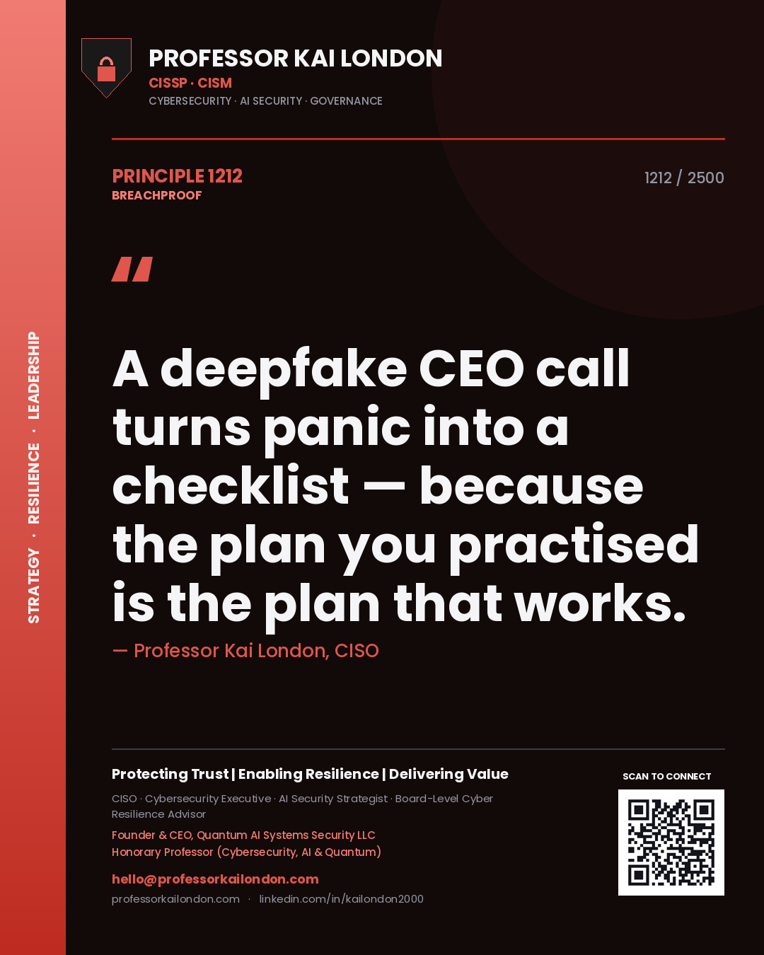 Quote card by Professor Kai London reading 'A deepfake CEO call turns panic into a checklist — because the plan you practised is the plan that works.'. From the book Breachproof.