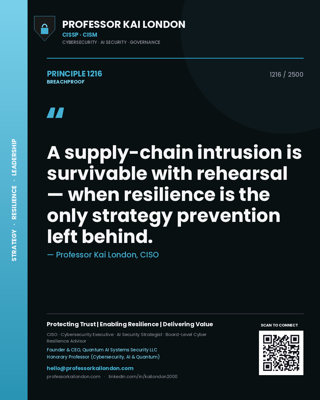 Quote card by Professor Kai London reading 'A supply-chain intrusion is survivable with rehearsal — when resilience is the only strategy prevention left behind.'. From the book Breachproof.