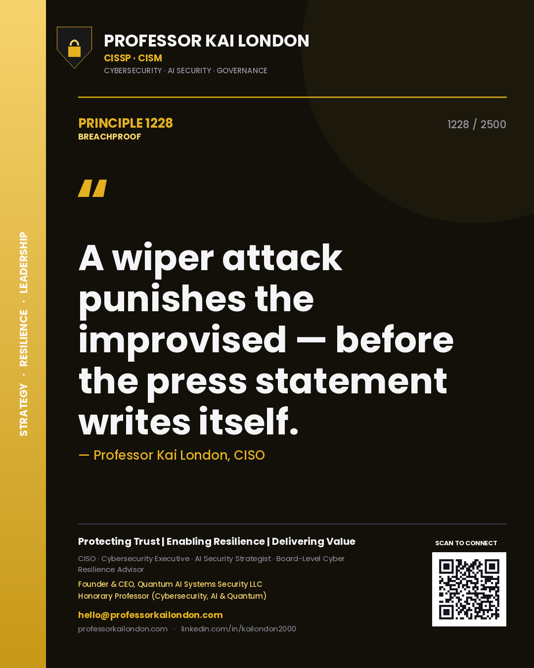 Quote card by Professor Kai London reading 'A wiper attack punishes the improvised — before the press statement writes itself.'. From the book Breachproof.