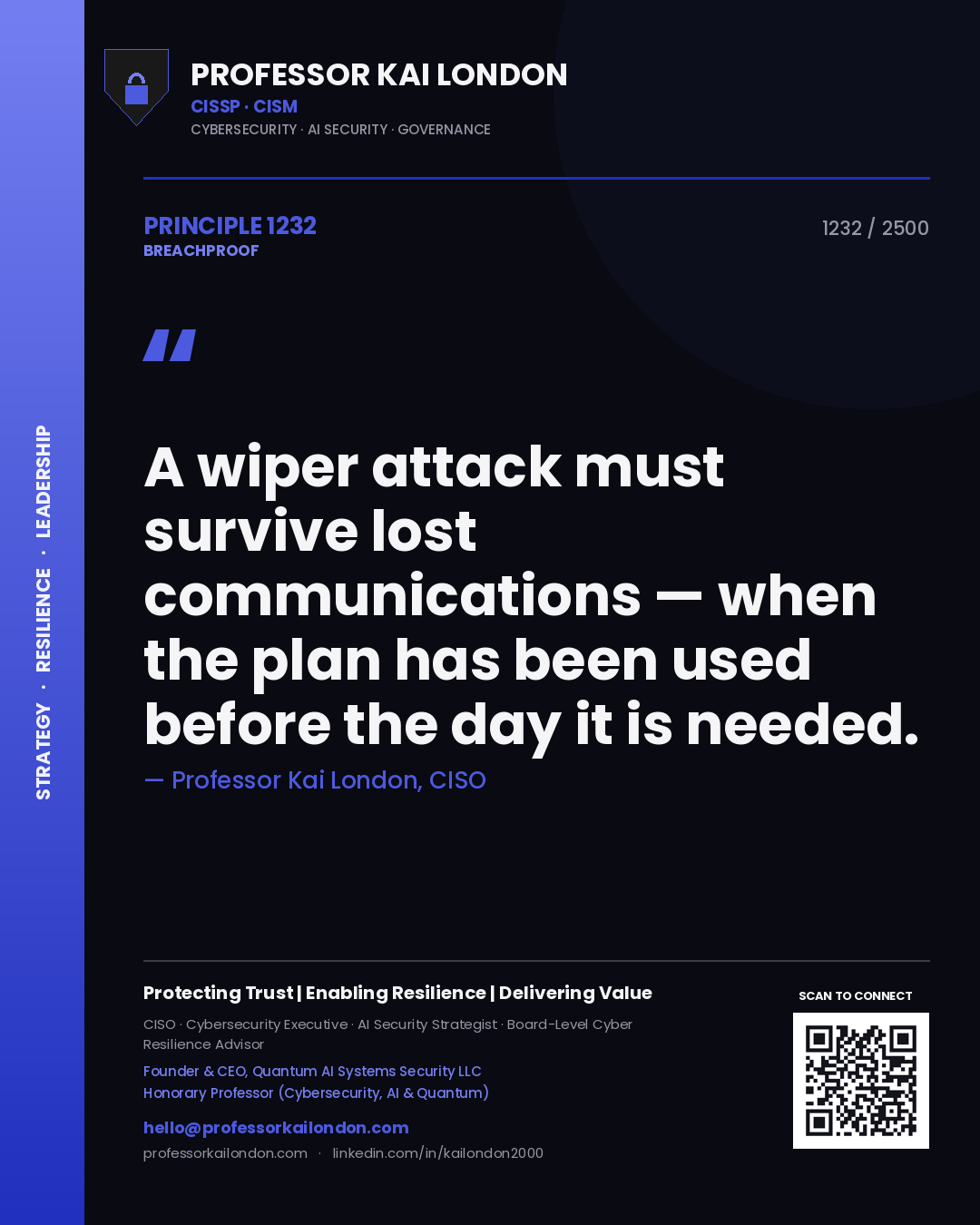 Quote card by Professor Kai London reading 'A wiper attack must survive lost communications — when the plan has been used before the day it is needed.'. From the book Breachproof.