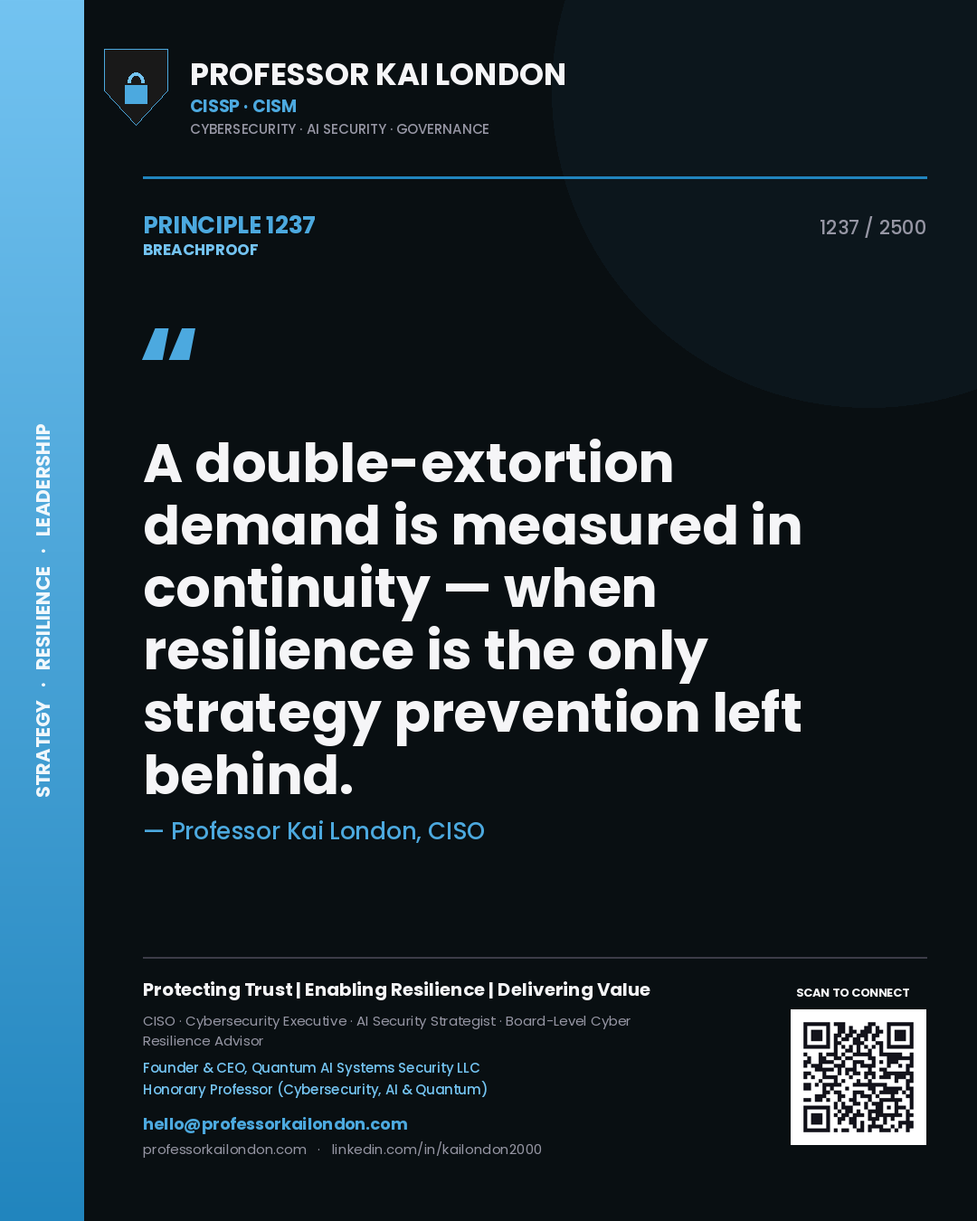 Professor Kai London principle 1237: A double-extortion demand is measured in continuity — when resilience is the only strategy prevention left behind.
