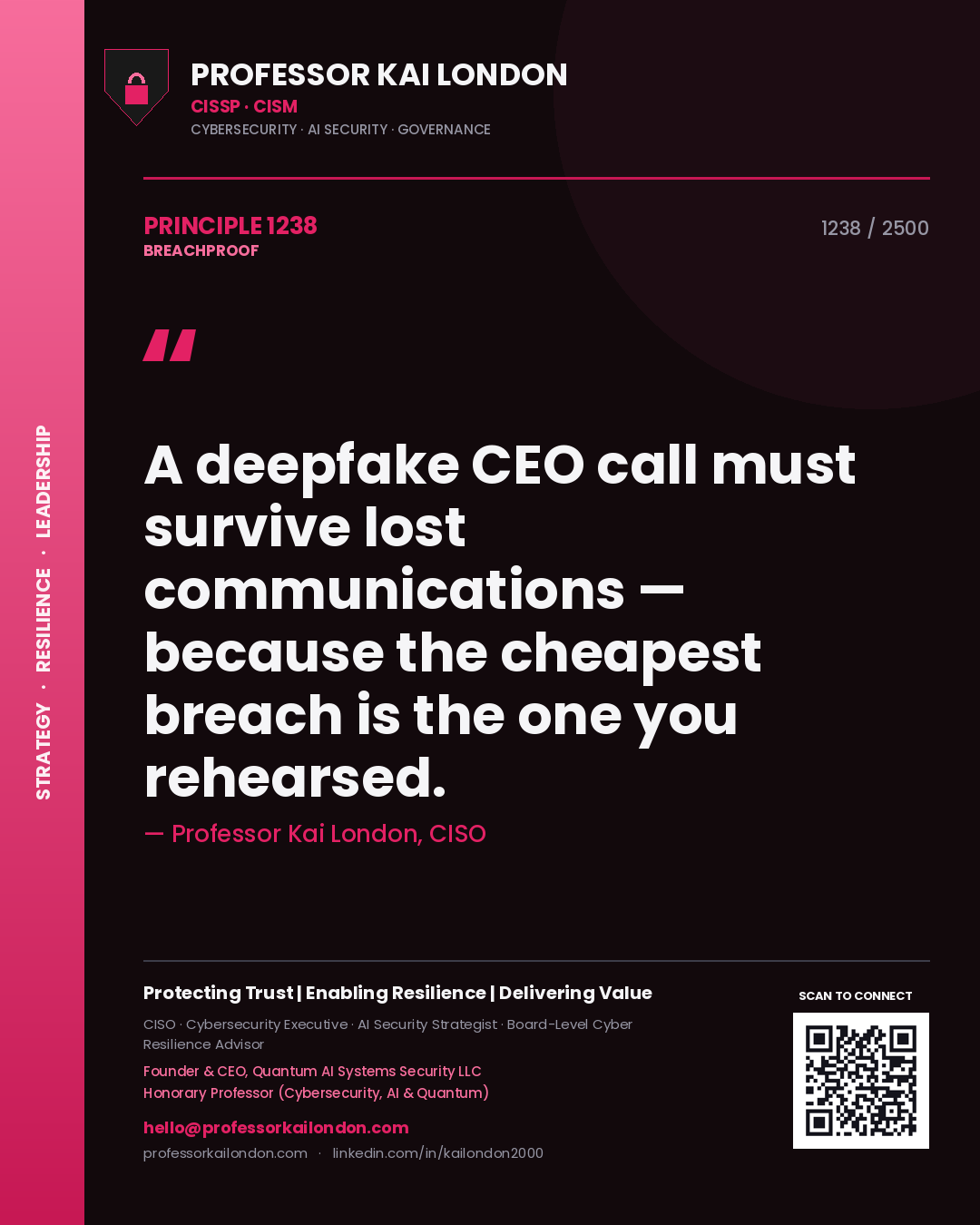 Professor Kai London principle 1238: A deepfake CEO call must survive lost communications — because the cheapest breach is the one you rehearsed.