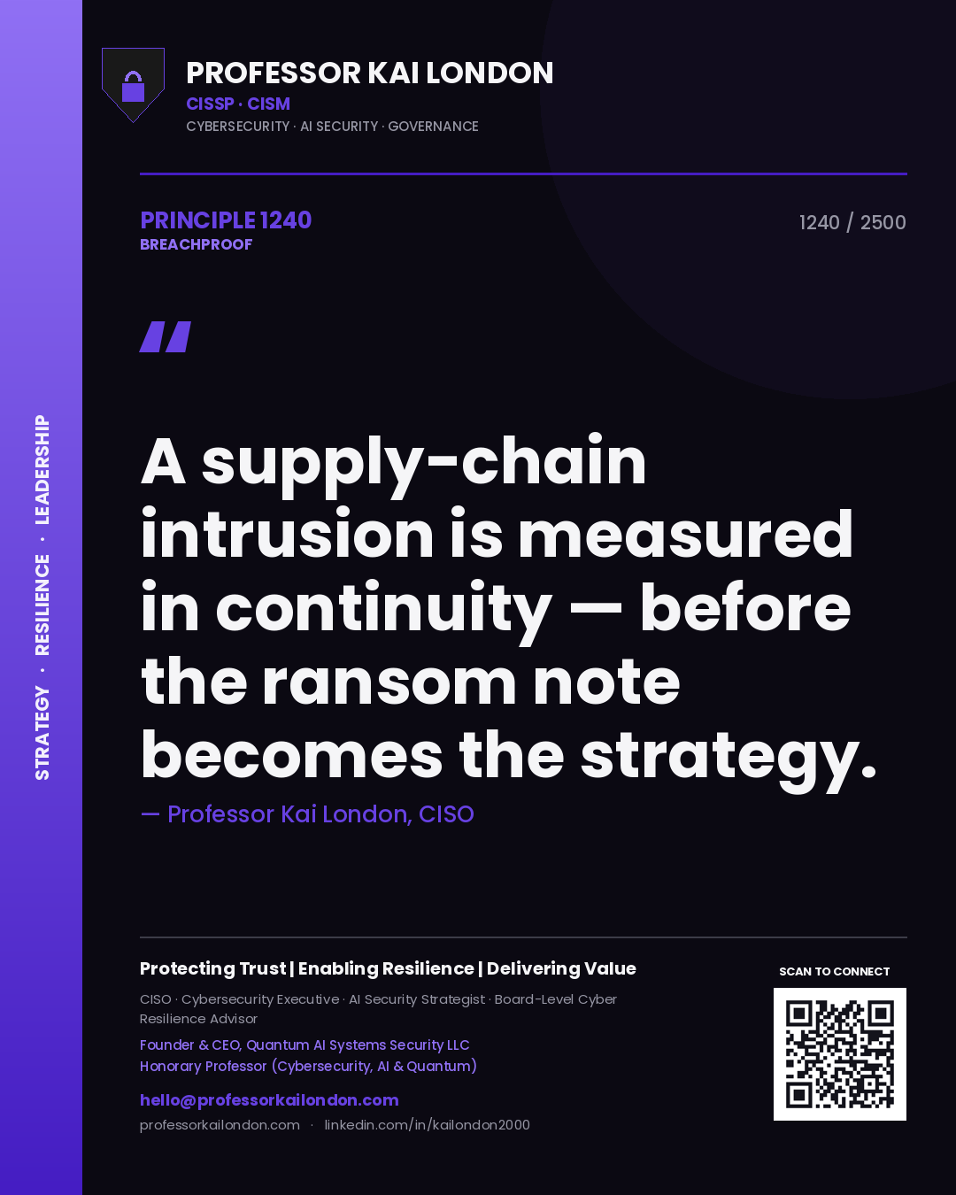 Quote card by Professor Kai London reading 'A supply-chain intrusion is measured in continuity — before the ransom note becomes the strategy.'. From the book Breachproof.
