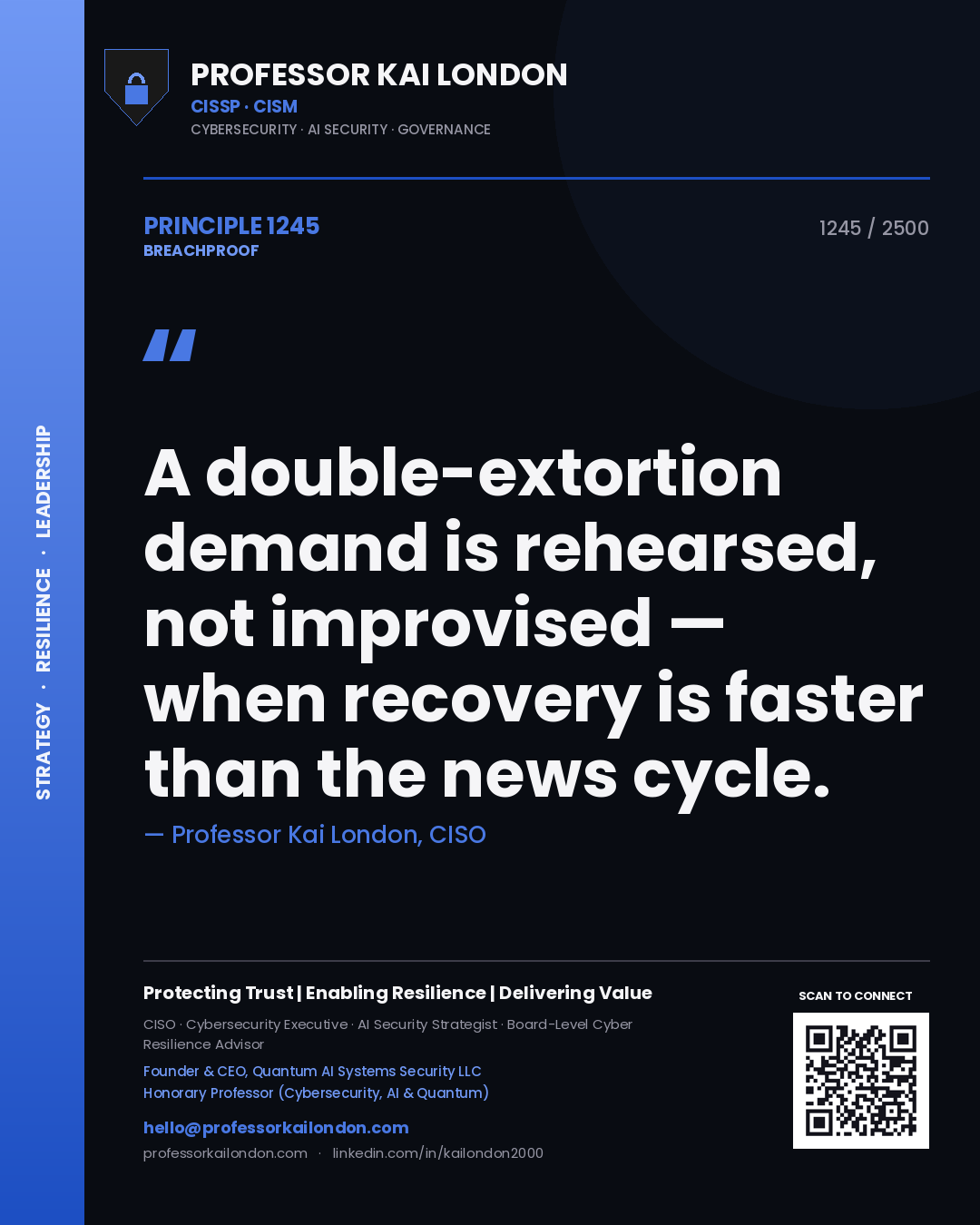 Quote card by Professor Kai London reading 'A double-extortion demand is rehearsed, not improvised — when recovery is faster than the news cycle.'. From the book Breachproof.