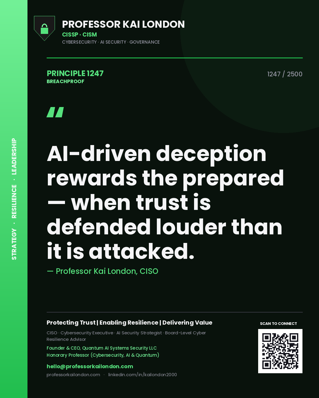 Quote card by Professor Kai London reading 'AI-driven deception rewards the prepared — when trust is defended louder than it is attacked.'. From the book Breachproof.