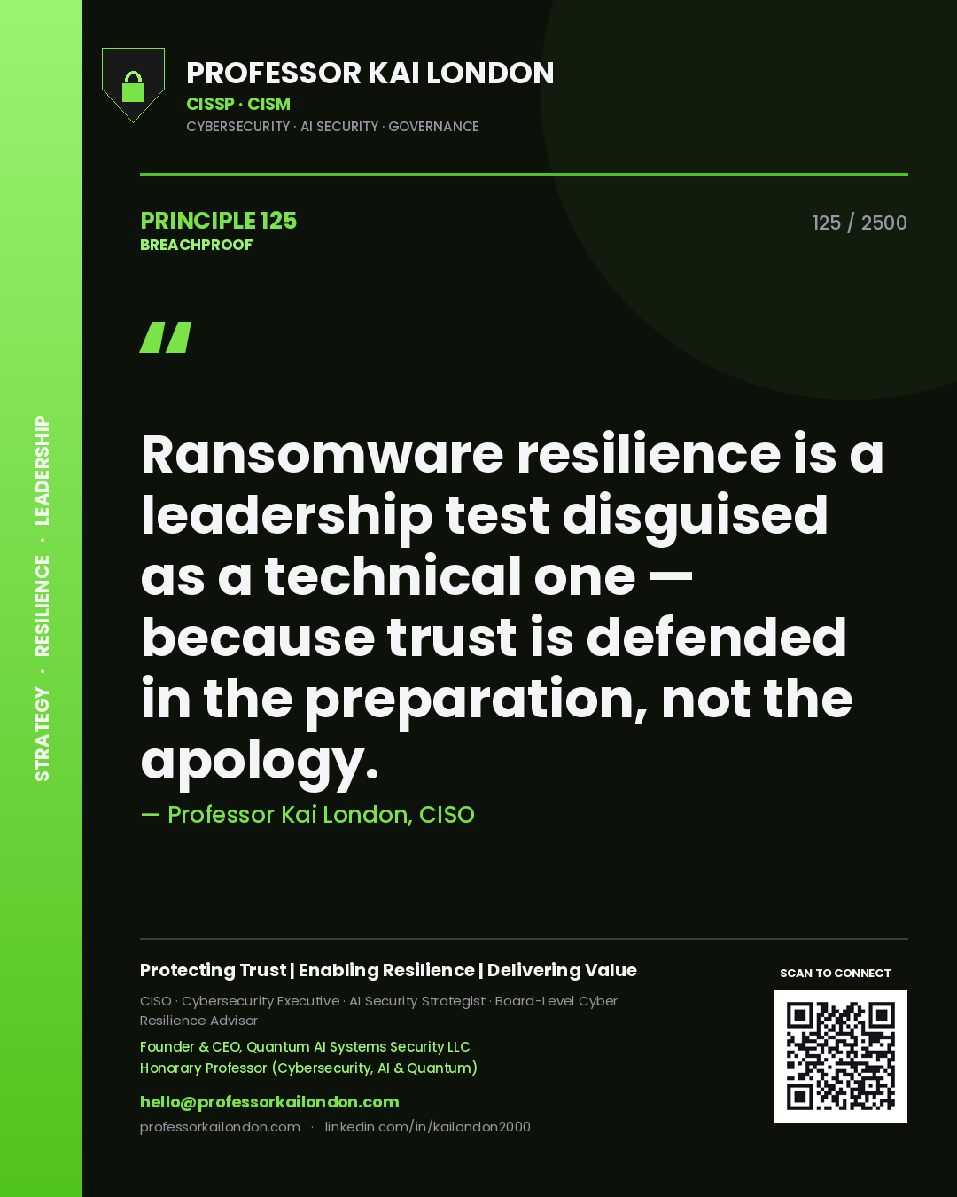 Professor Kai London principle 125: Ransomware resilience is a leadership test disguised as a technical one — because trust is defended in the preparation, not the apology.
