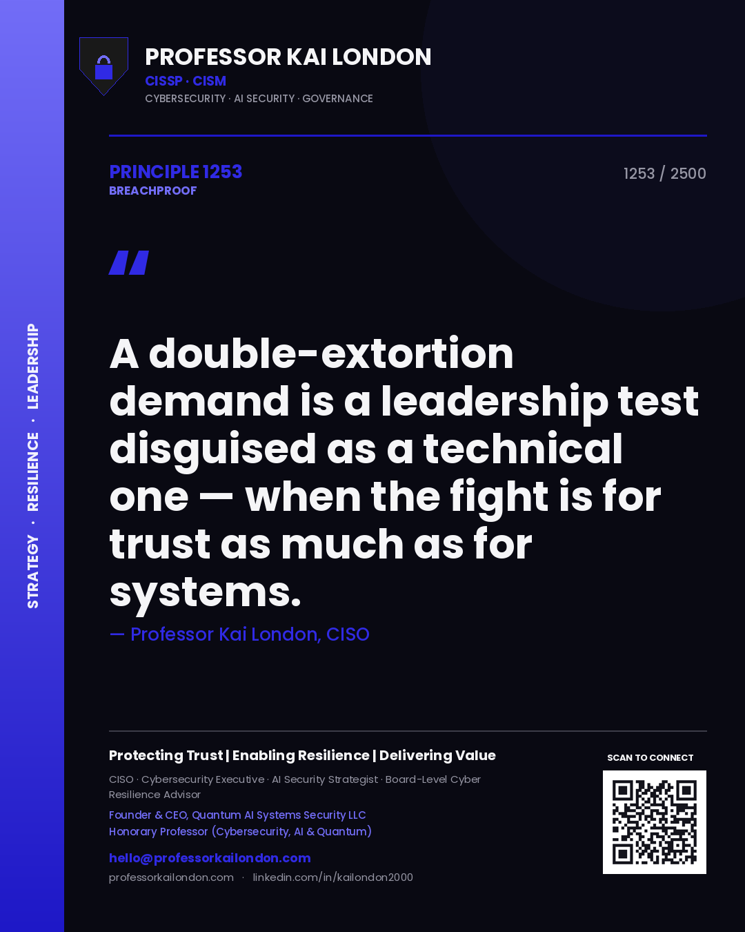 Quote card by Professor Kai London reading 'A double-extortion demand is a leadership test disguised as a technical one — when the fight is for trust as much as for systems.'. From the book Breachproof.