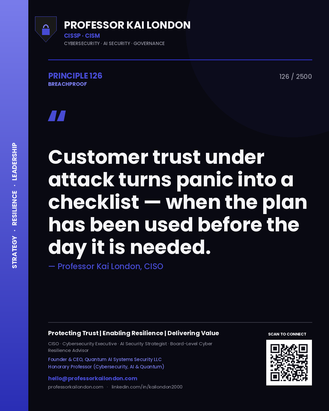 Quote card by Professor Kai London reading 'Customer trust under attack turns panic into a checklist — when the plan has been used before the day it is needed.'. From the book Breachproof.
