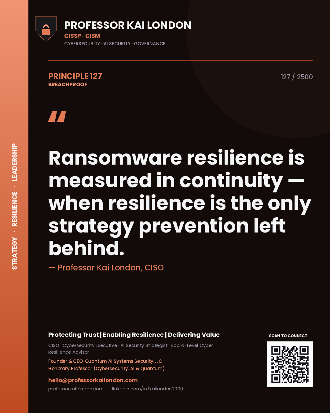 Quote card by Professor Kai London reading 'Ransomware resilience is measured in continuity — when resilience is the only strategy prevention left behind.'. From the book Breachproof.