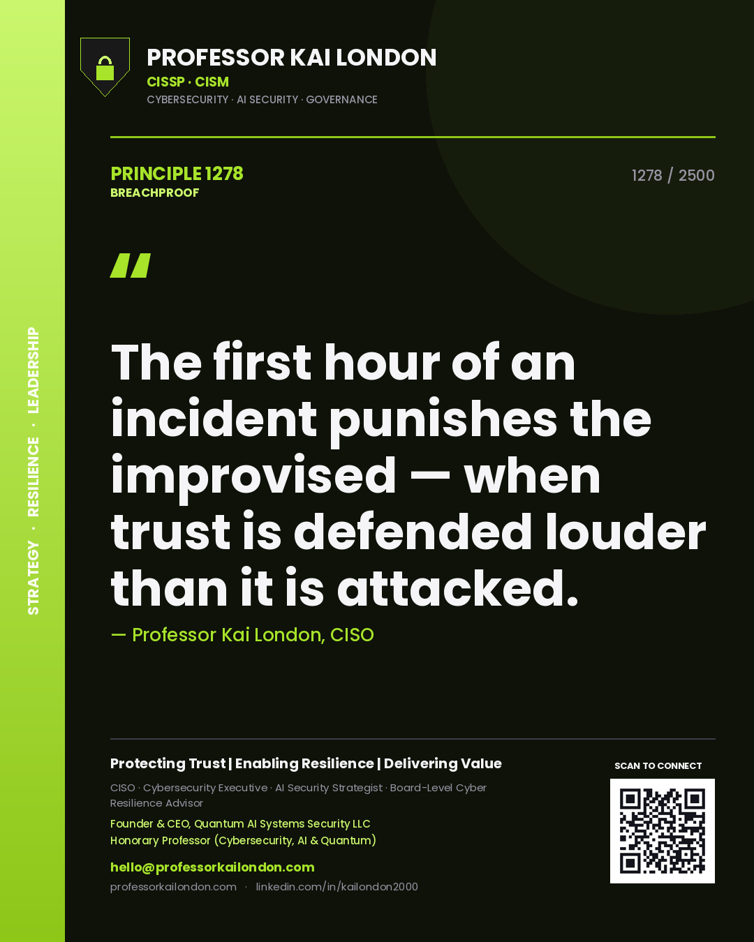 Professor Kai London principle 1278: The first hour of an incident punishes the improvised — when trust is defended louder than it is attacked.