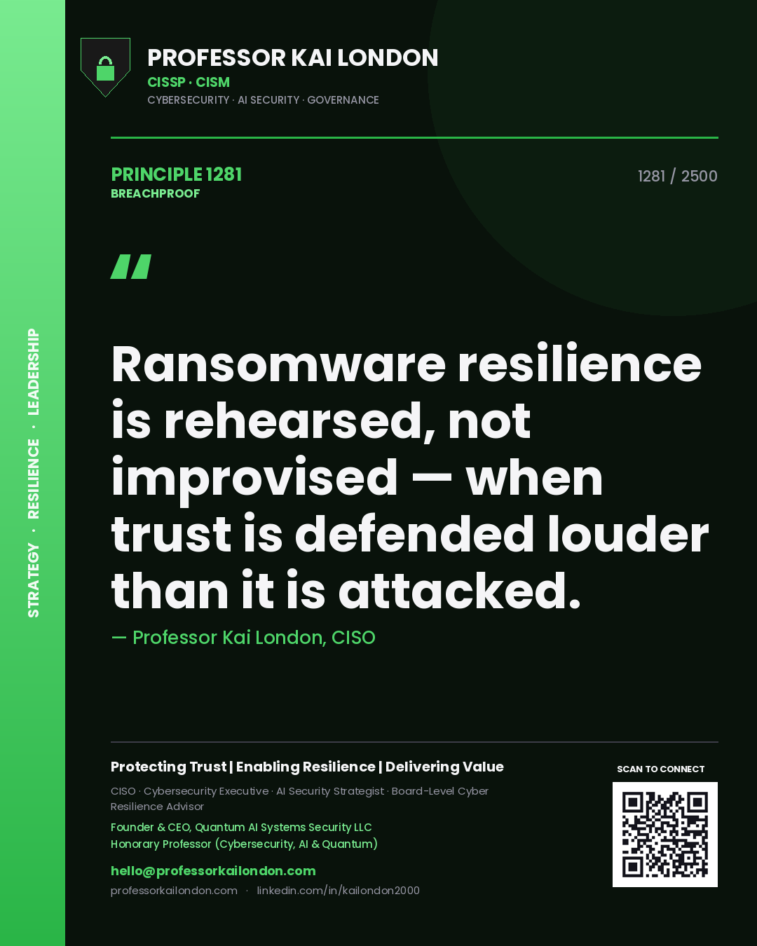 Quote card by Professor Kai London reading 'Ransomware resilience is rehearsed, not improvised — when trust is defended louder than it is attacked.'. From the book Breachproof.