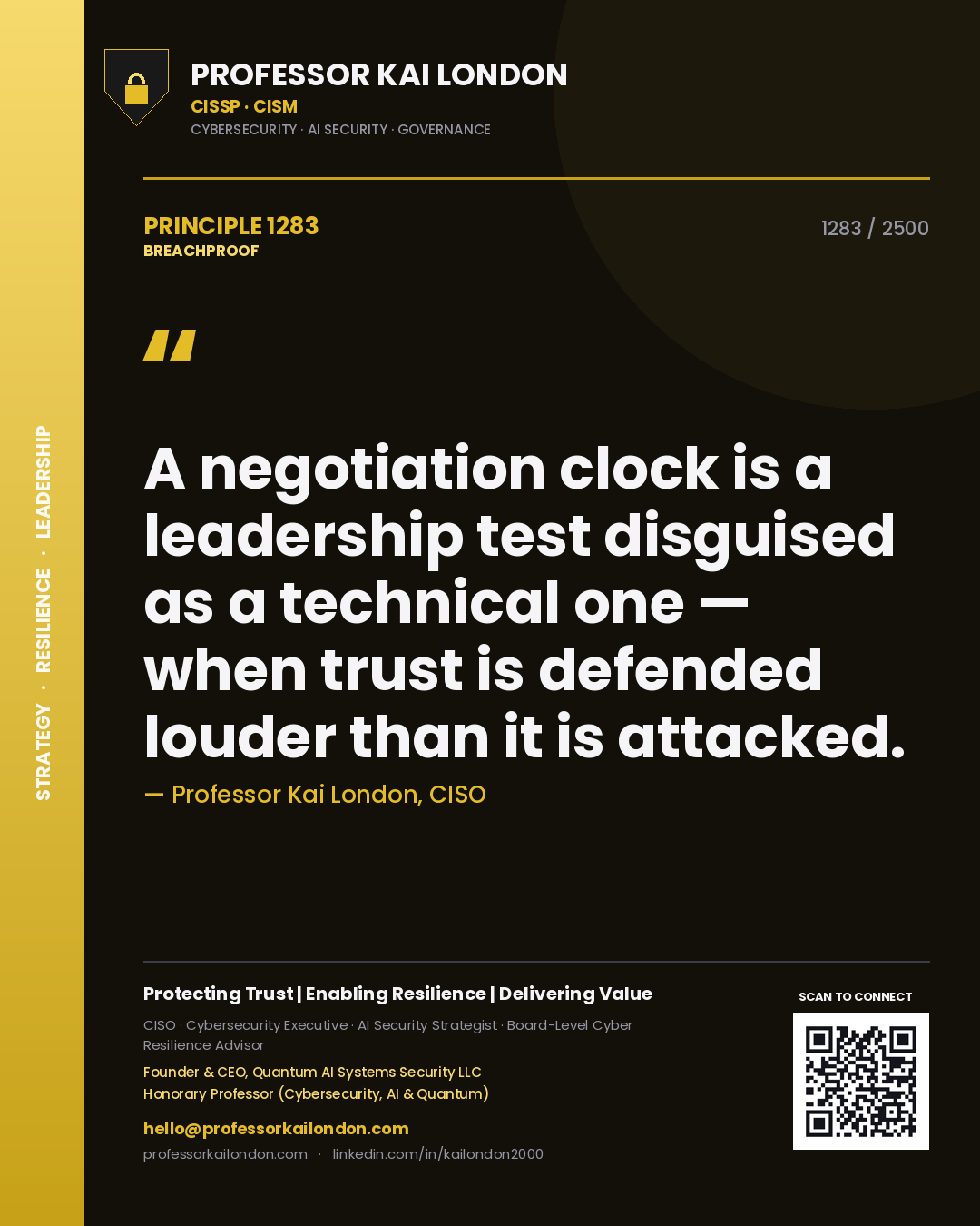 Quote card by Professor Kai London reading 'A negotiation clock is a leadership test disguised as a technical one — when trust is defended louder than it is attacked.'. From the book Breachproof.
