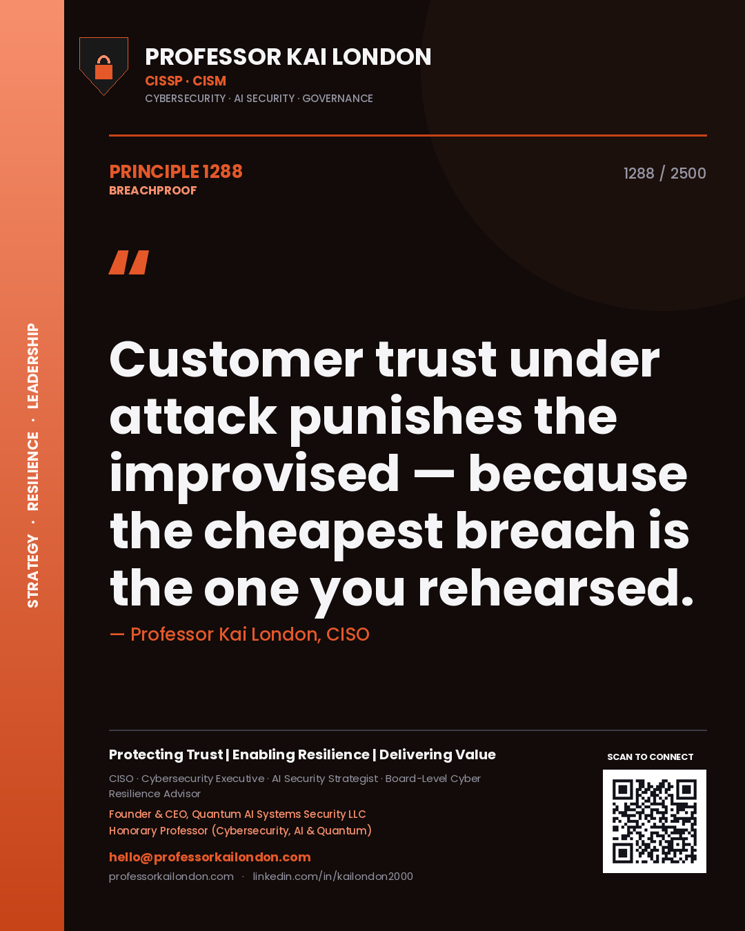 Professor Kai London principle 1288: Customer trust under attack punishes the improvised — because the cheapest breach is the one you rehearsed.
