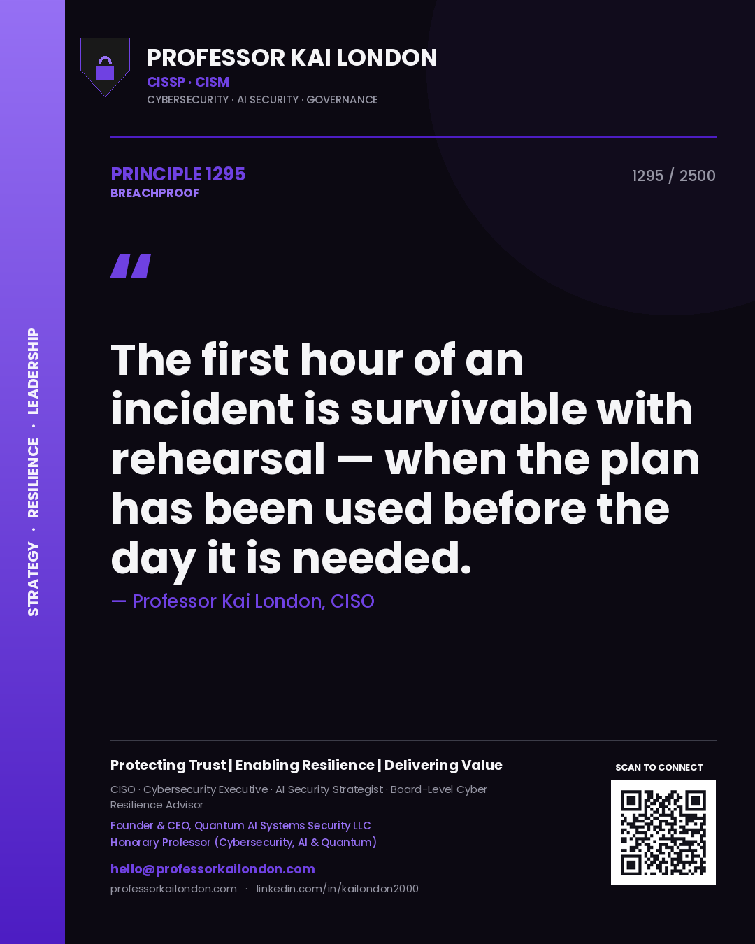 Quote card by Professor Kai London reading 'The first hour of an incident is survivable with rehearsal — when the plan has been used before the day it is needed.'. From the book Breachproof.