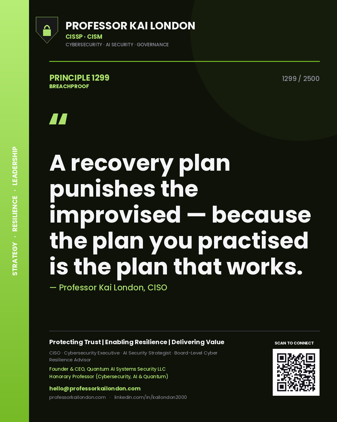 Quote card by Professor Kai London reading 'A recovery plan punishes the improvised — because the plan you practised is the plan that works.'. From the book Breachproof.