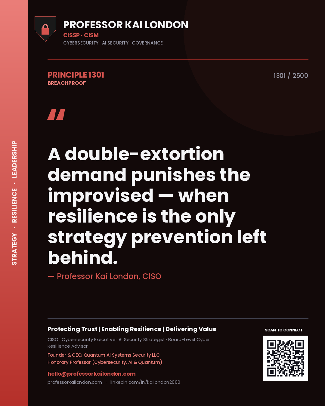 Professor Kai London principle 1301: A double-extortion demand punishes the improvised — when resilience is the only strategy prevention left behind.