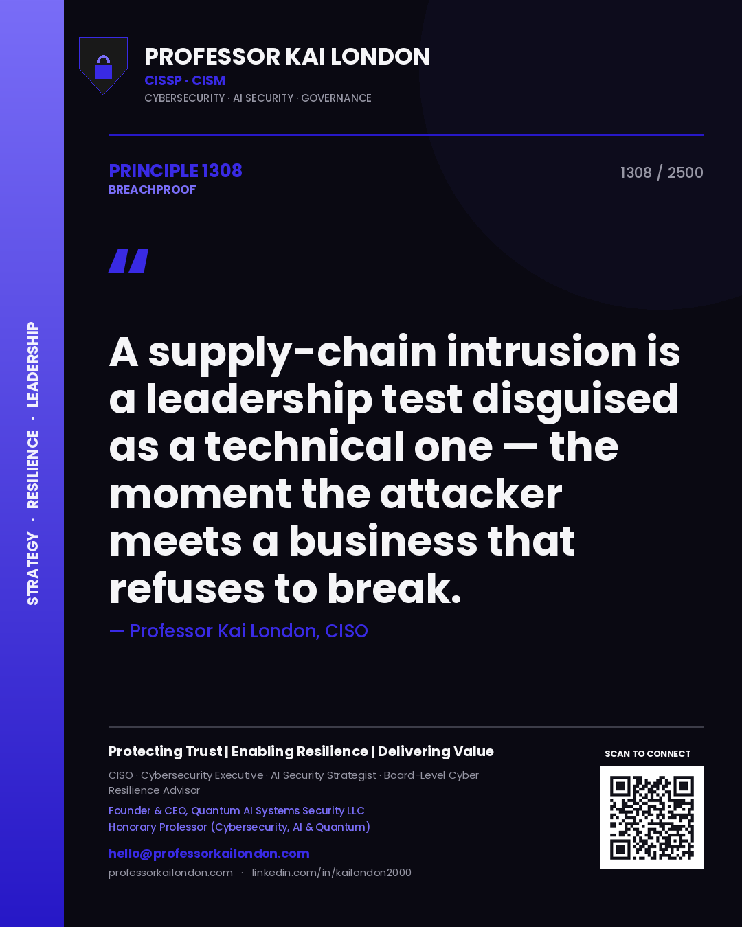 Quote card by Professor Kai London reading 'A supply-chain intrusion is a leadership test disguised as a technical one — the moment the attacker meets a business that refuses to break.'. From the book Breachproof.