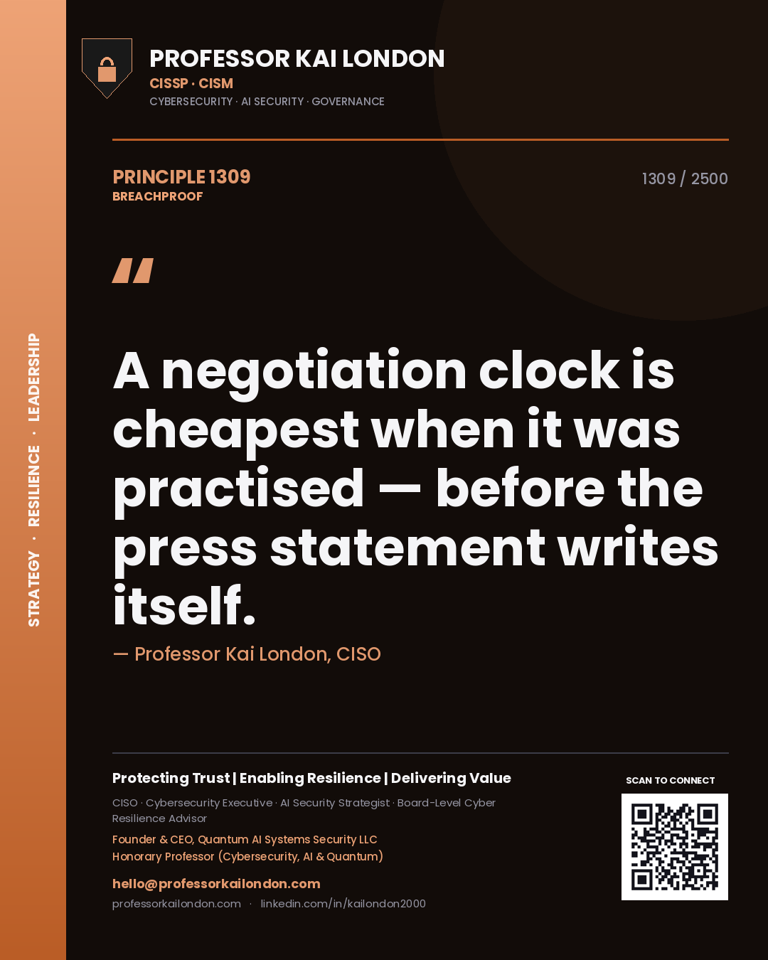 Quote card by Professor Kai London reading 'A negotiation clock is cheapest when it was practised — before the press statement writes itself.'. From the book Breachproof.