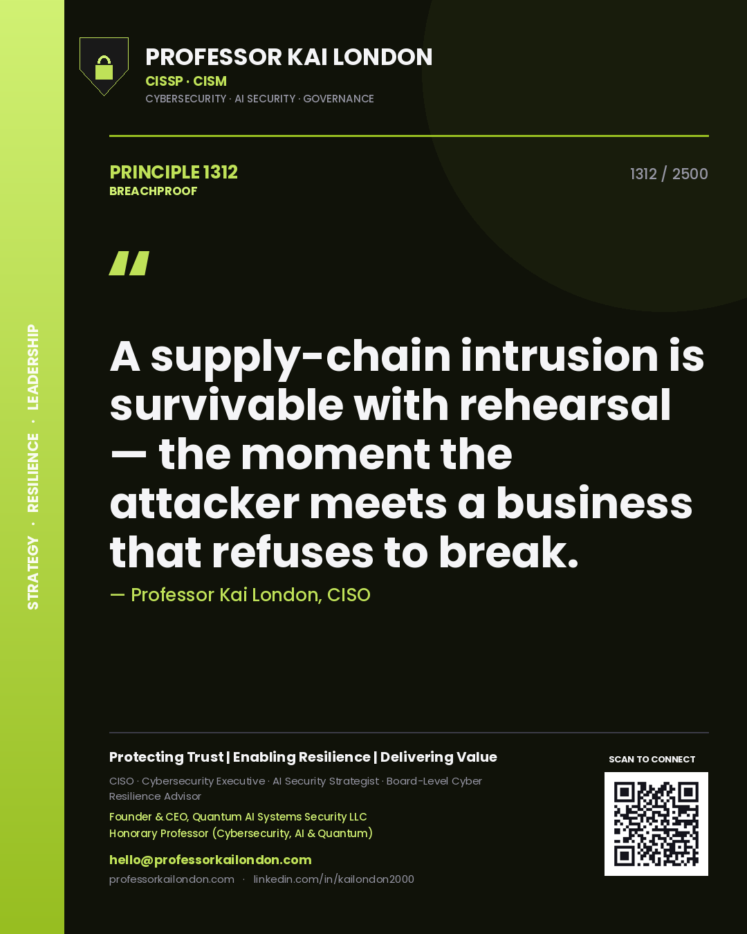 Professor Kai London principle 1312: A supply-chain intrusion is survivable with rehearsal — the moment the attacker meets a business that refuses to break.