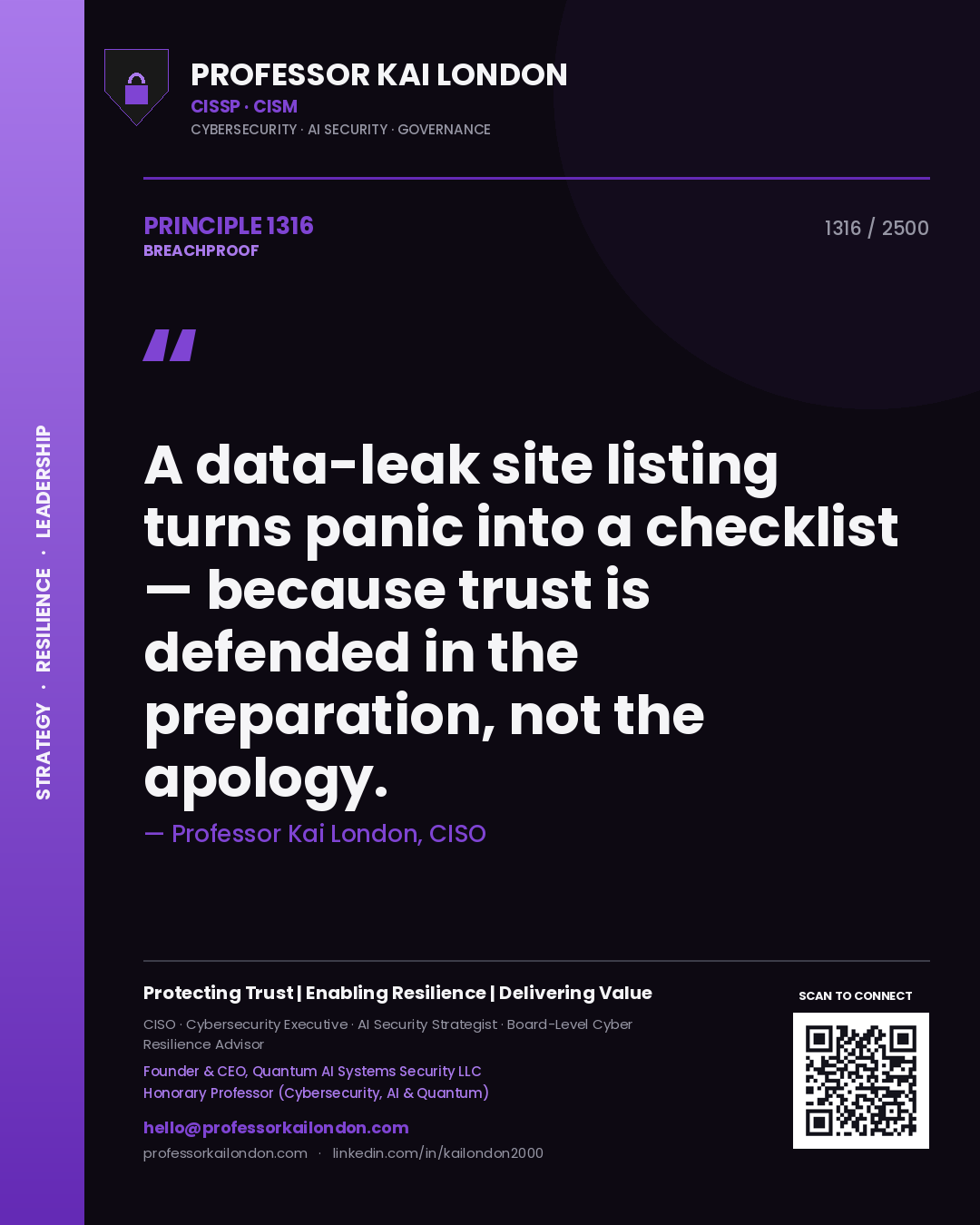 Professor Kai London principle 1316: A data-leak site listing turns panic into a checklist — because trust is defended in the preparation, not the apology.